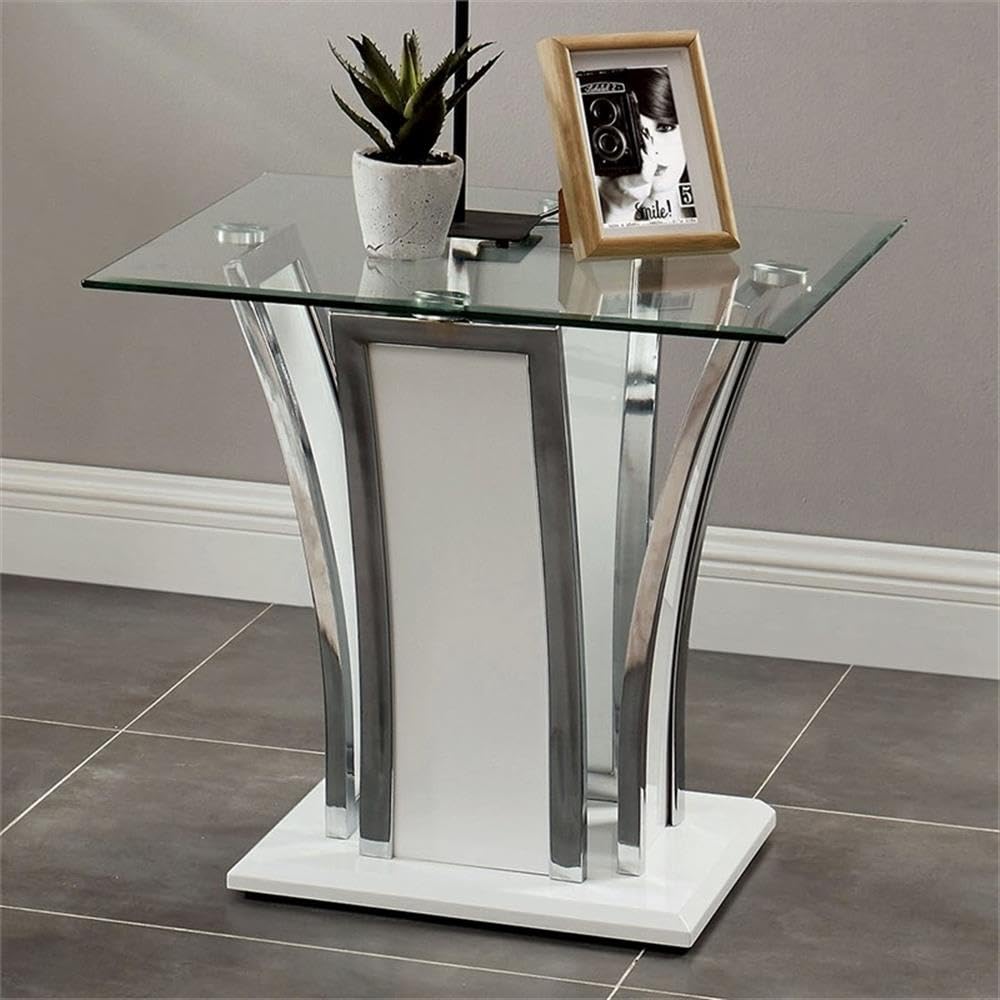 Furniture of America Manhattan Contemporary Glass Top End Table in Glossy White - Modern Side Table for Living Room, Bedroom & Office Decor