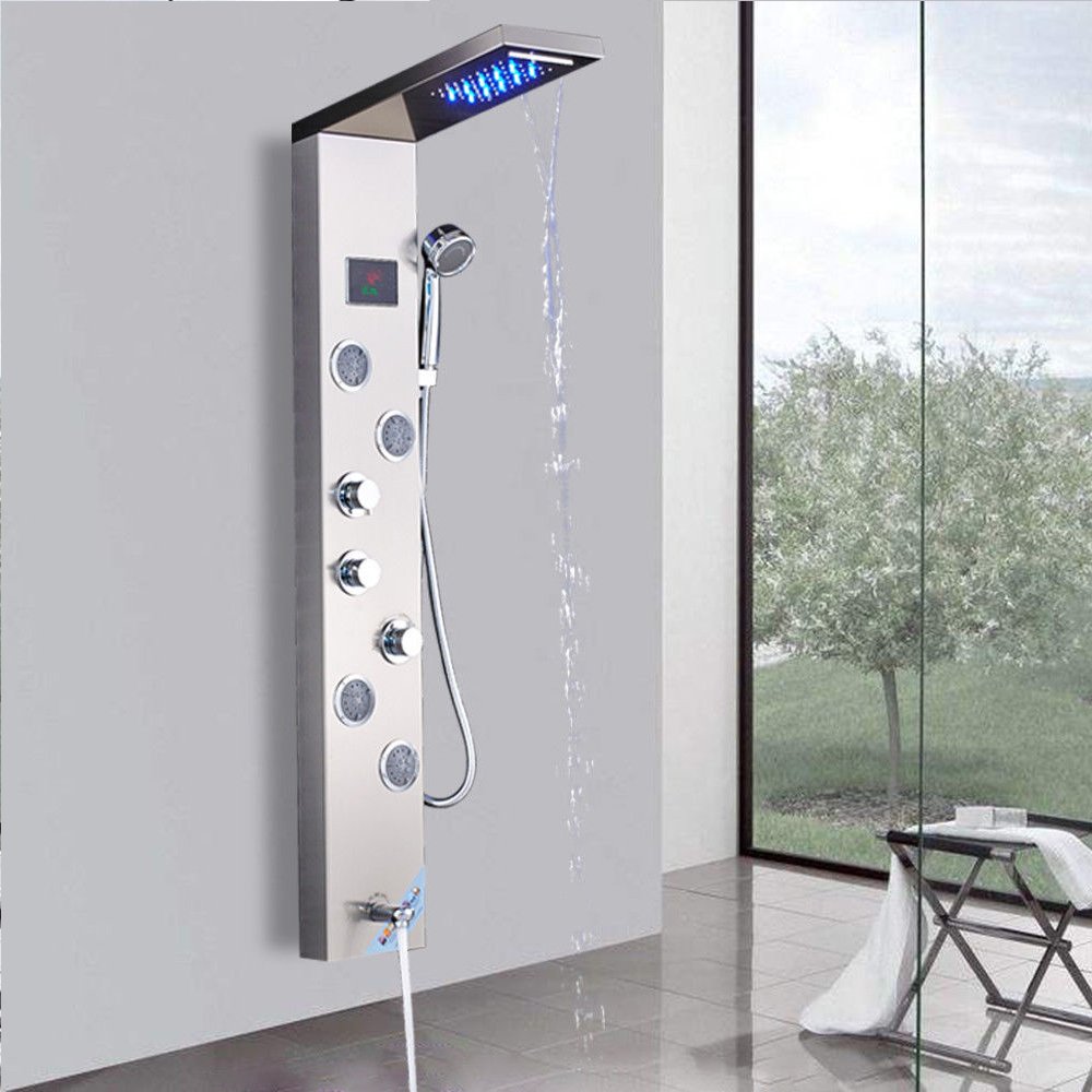Brushed Nickel LED Shower Panel System with Waterfall Rain & Spa Massage Sprayer - Wall Mounted Shower Column for Luxury Bathroom Upgrade | Perfect for Modern Home Spa Experience & Relaxing Rainfall Shower
