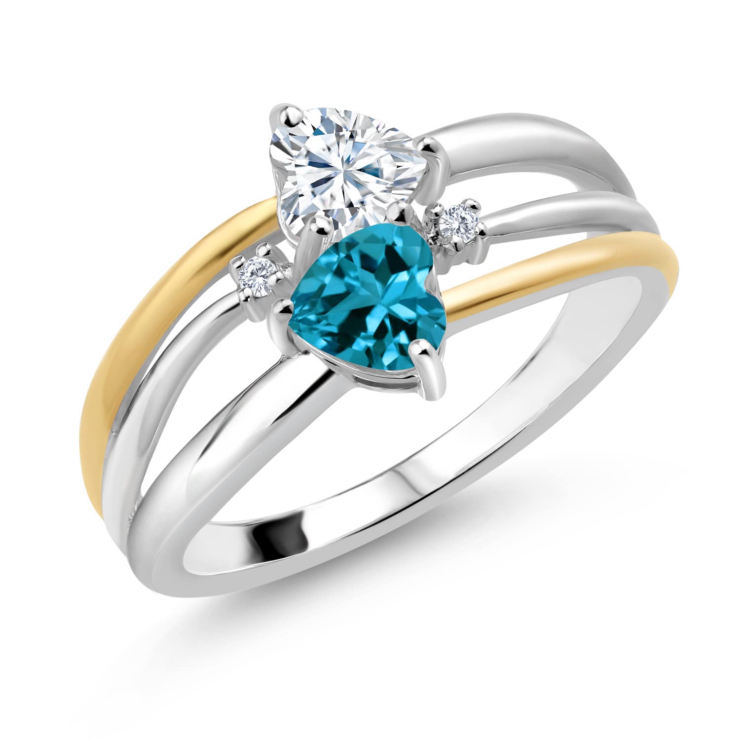 925 Sterling Silver & 10K Yellow Gold London Blue Topaz Ring with Lab-Grown Diamonds & Moissanite (0.99 CTTW) - Elegant Bridal Jewelry Set for Engagement, Wedding & Anniversary Gifts
