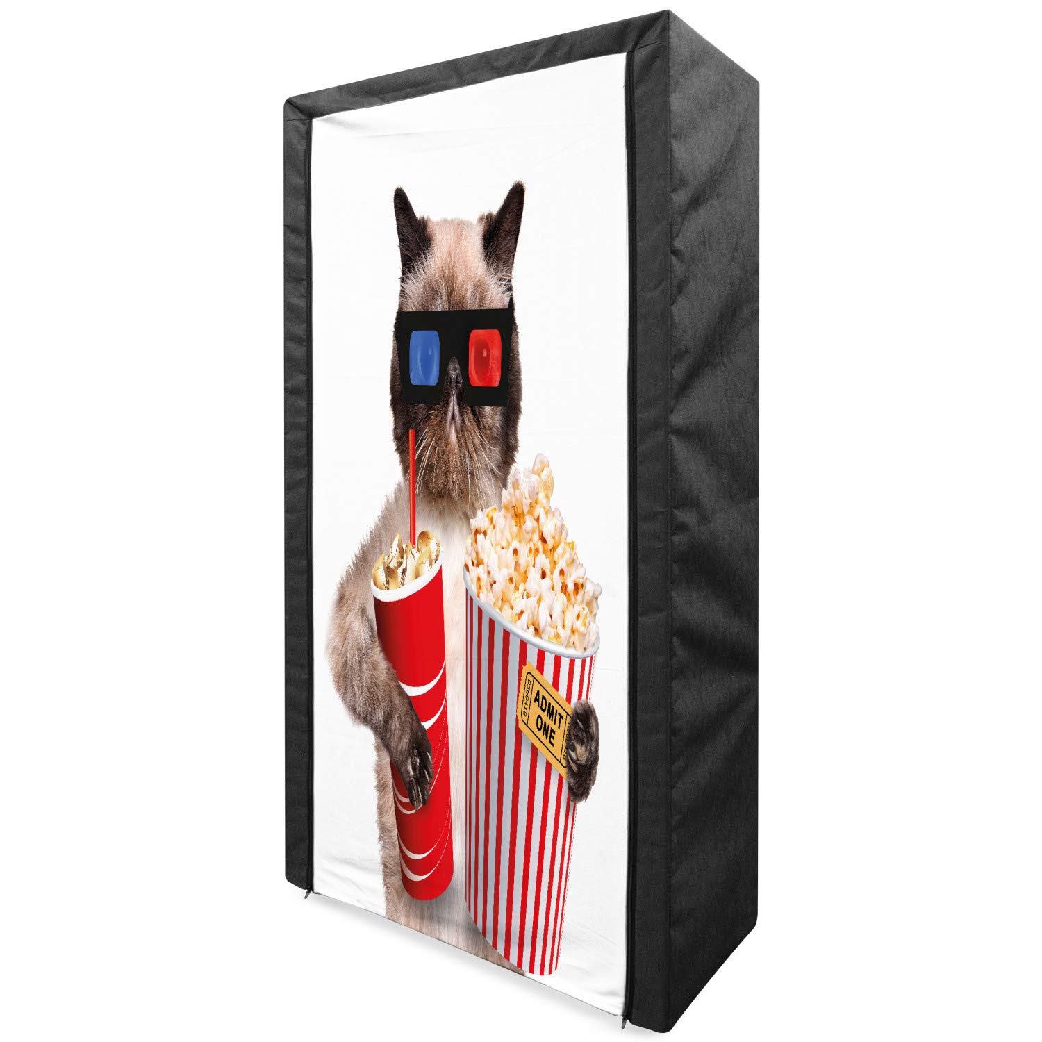 Ambesonne Portable Fabric Wardrobe - Movie Theater Theme with Cat, Popcorn & Drink Design - 33.5