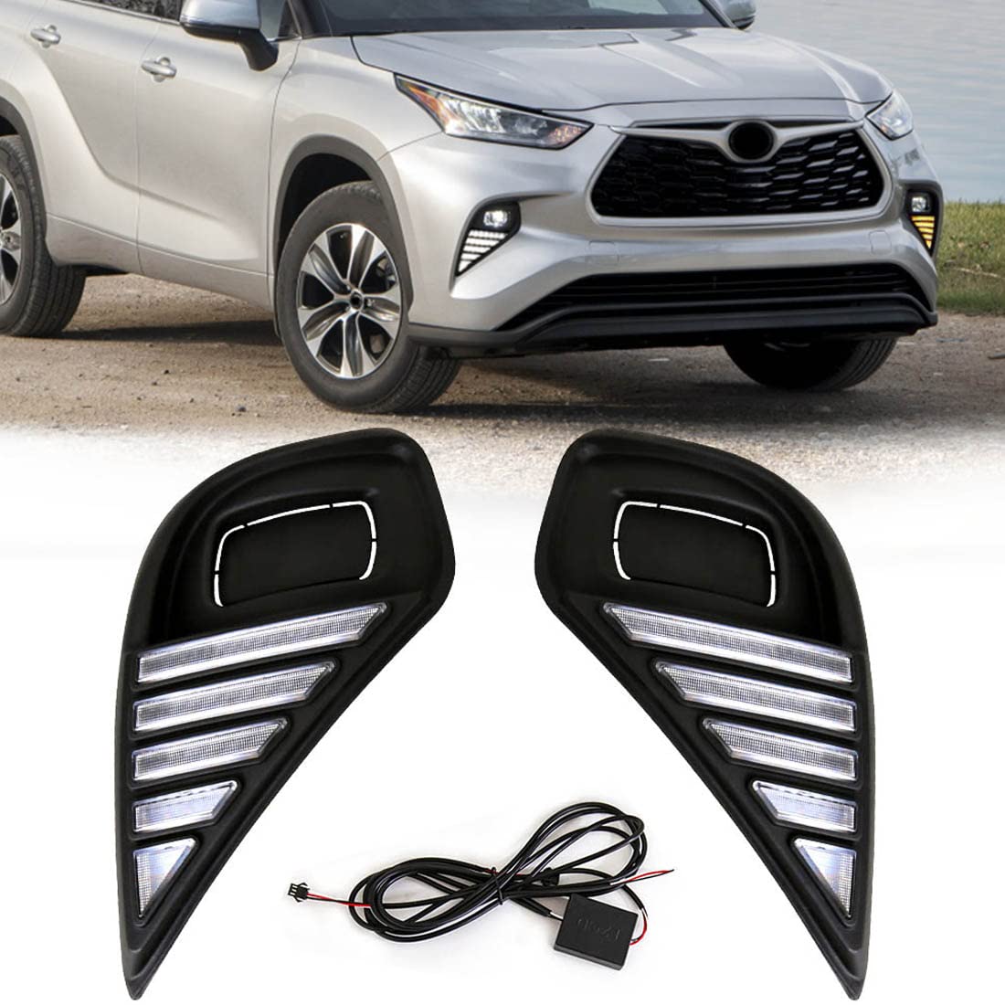 **2020-2025 Toyota Highlander LED Daytime Running Lights with Dynamic Turn Signal - DRL Fog Lights Replacement Kit with Wiring Harness - Perfect for Night Driving & Enhanced Safety**