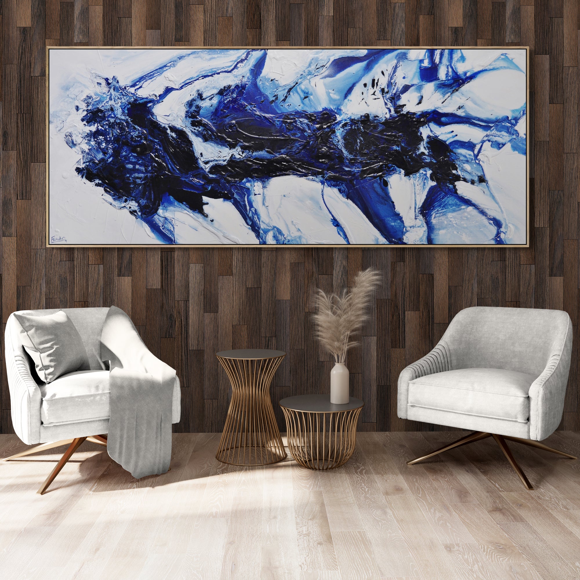 Navy White Textured Abstract Painting 240cm x 100cm - Modern Large Wall Art for Living Room, Bedroom & Office Decor