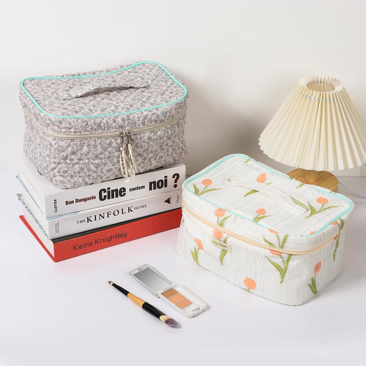 Sightor Large Cotton Quilted Makeup Bag with Handle - Cute Floral Cosmetic & Toiletry Travel Bag for Women (Green) - Perfect for Travel, Gym, and Daily Organizer