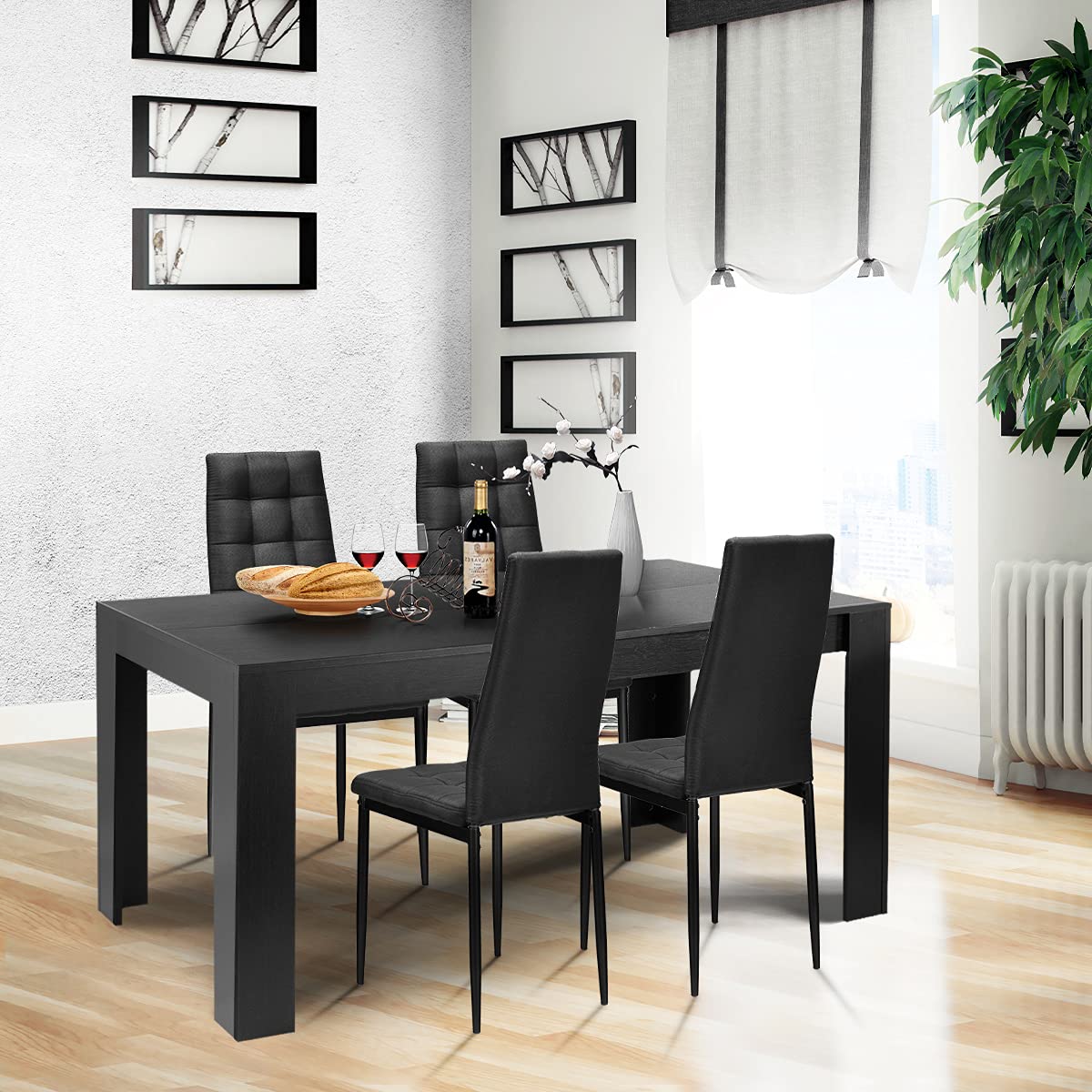 Giantex 9-Piece Modern Dining Table Set with Wood Rectangular Table & 8 Upholstered Chairs - Black Kitchen & Dining Room Furniture for Family Gatherings, Dinner Parties & Daily Meals