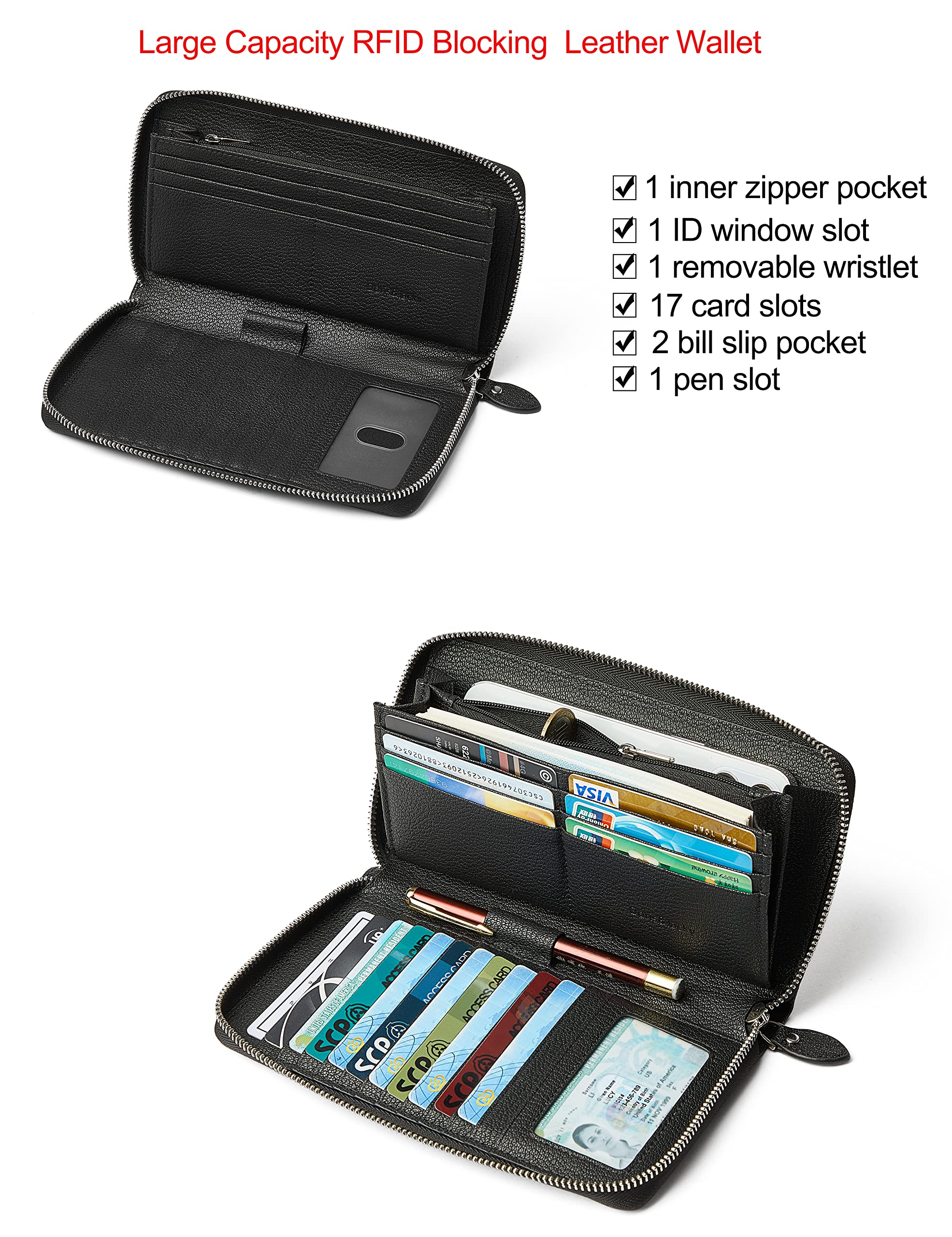 DORIS&JACKY RFID Leather Wallet for Women - Travel Wristlet Bag with Zipper (Large Capacity, Perfect for Daily Use & Trips)