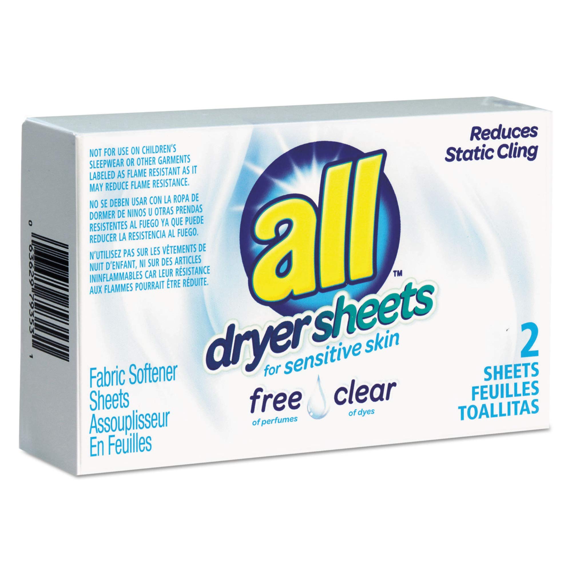 All Free Clear Vend Pack Dryer Sheets - Fragrance Free, Hypoallergenic (2 Sheets/Box, 100 Boxes/Carton) - Perfect for Laundromats, Hotels & Commercial Laundry Use