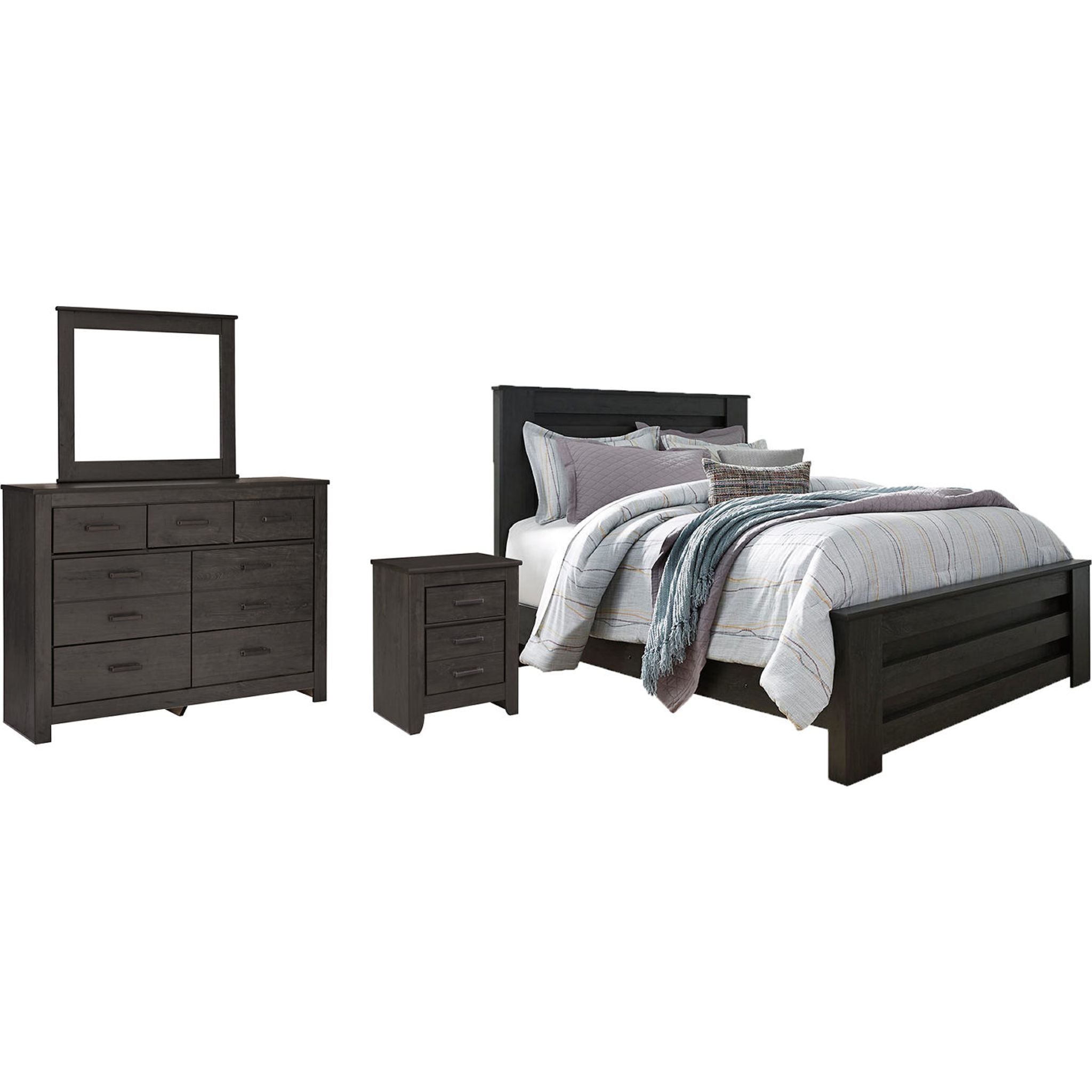 Brinxton 6-Piece Panel Bedroom Set - Queen Size Bed, Nightstand, Dresser & Mirror - Modern Charcoal Finish - Perfect for Master Bedroom or Guest Room Decor