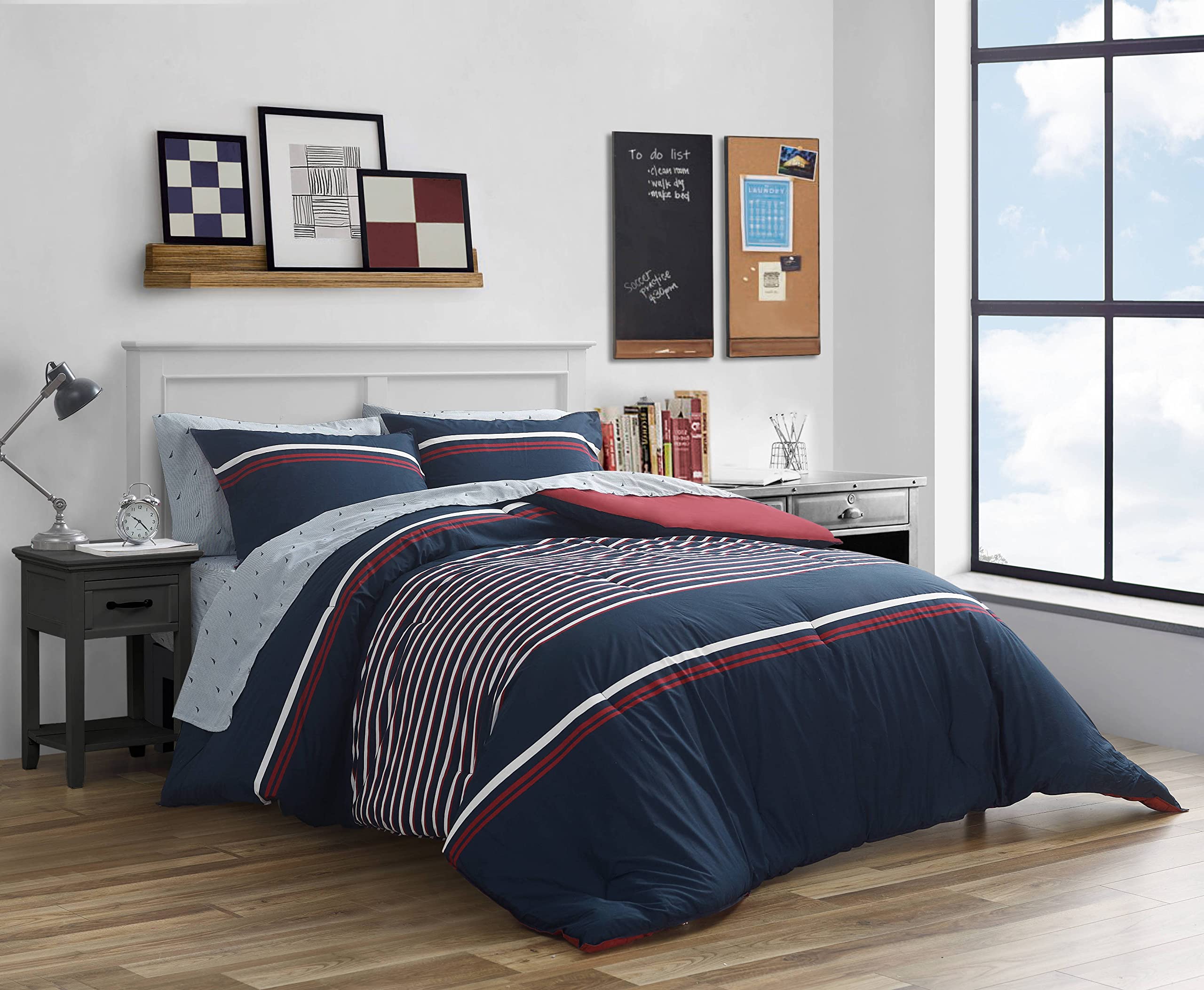 Nautica Queen Comforter Set - Reversible Cotton Bedding with Matching Shams & Bonus Sheet Set | All-Season Medium Weight Comforter | Perfect for Master Bedroom, Guest Room & Vacation Homes (Mineola Navy, Queen Size)