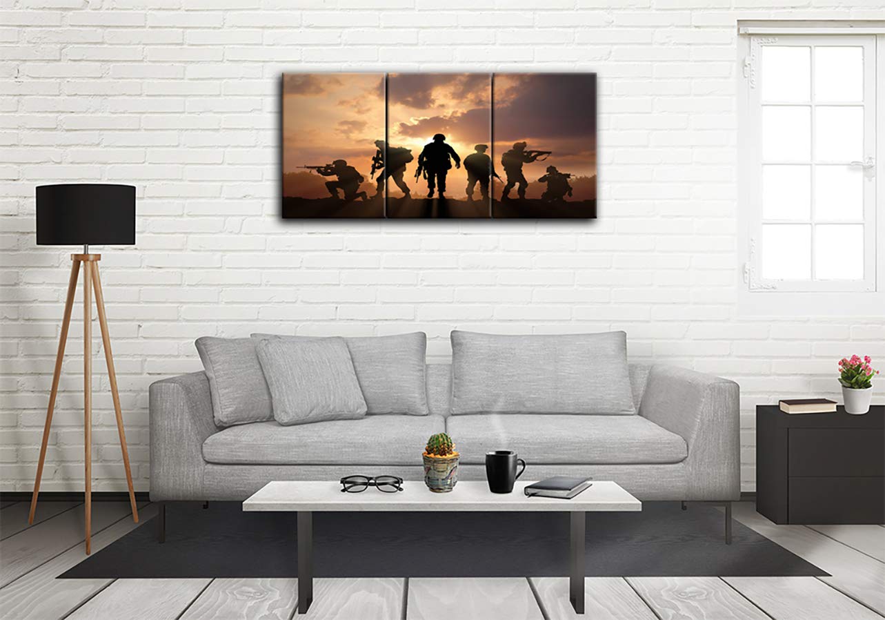 American Soldier Wall Art - Military Army Troops Silhouette Canvas Prints - Modern Home & Office Decor - 3 Panel Framed Ready to Hang - Perfect for Living Room, Bedroom, or Man Cave