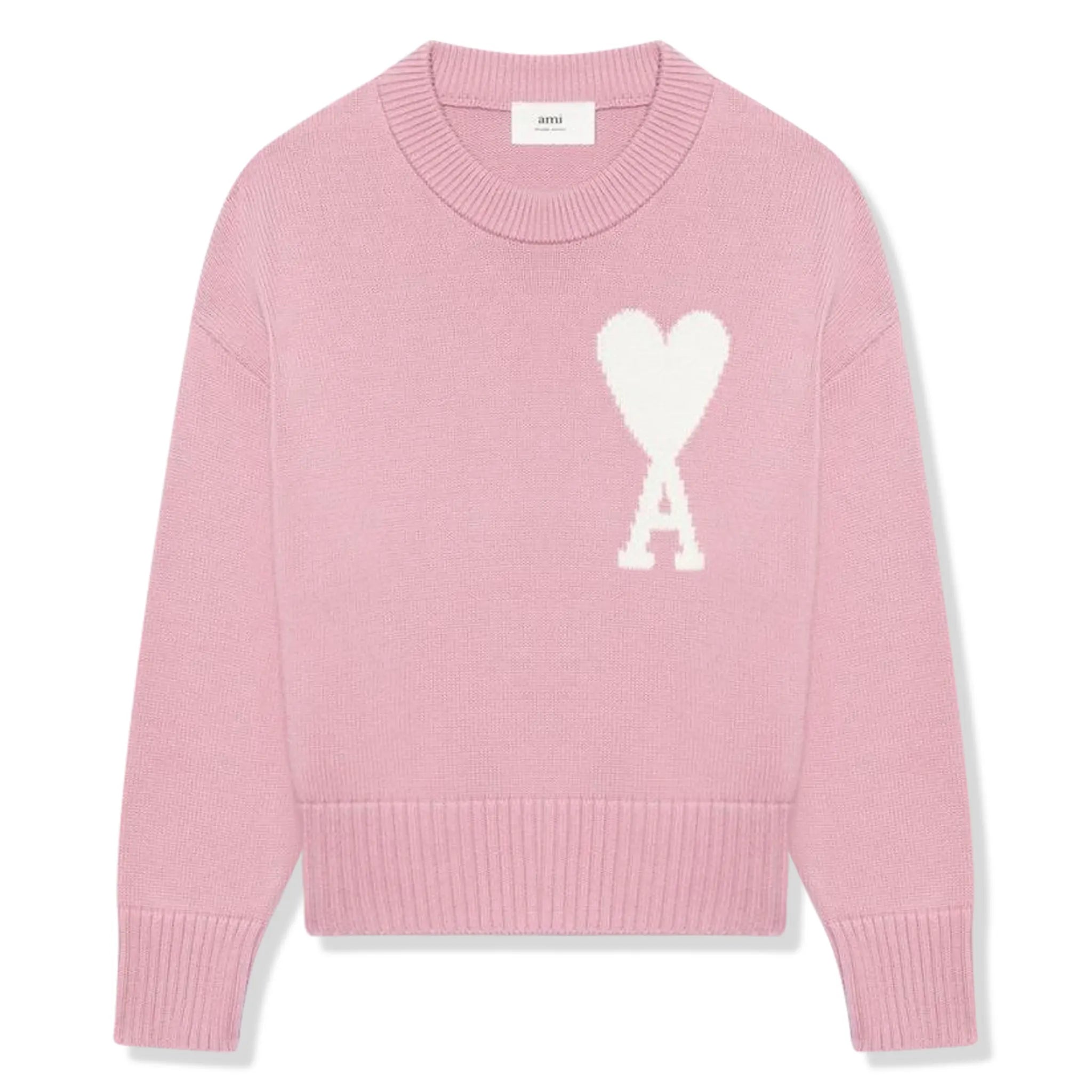 Ami Paris Ami De Coeur Logo Intarsia Pink Knit Sweatshirt | Women's Casual Pullover | Perfect for Fall Fashion & Streetwear Outfits