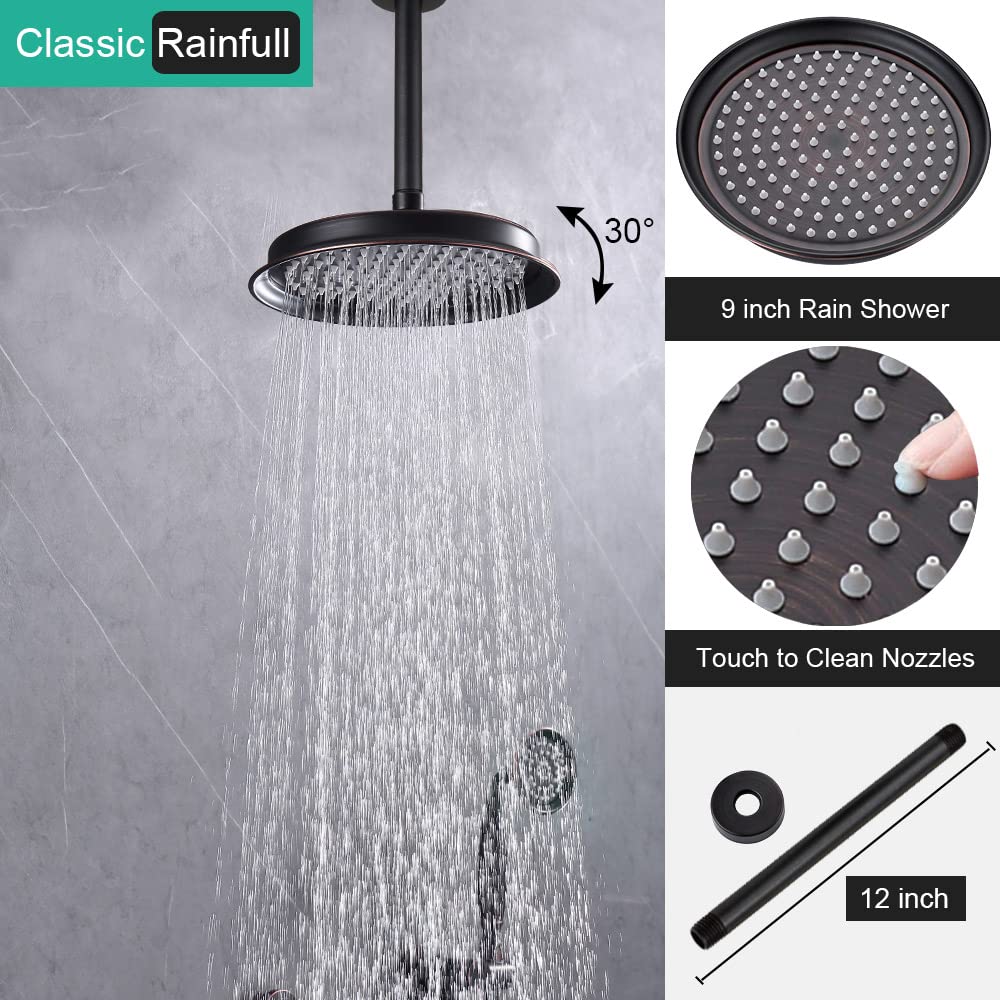 Antique Oil Rubbed Bronze Shower Faucet Set - 9 Inch Ceiling Rain Shower Head with Handheld Spray & Body Jets, 3-Way Diverter Valve System & Trim Kit - Perfect for Vintage Bathroom Renovations & Luxury Spa Experience