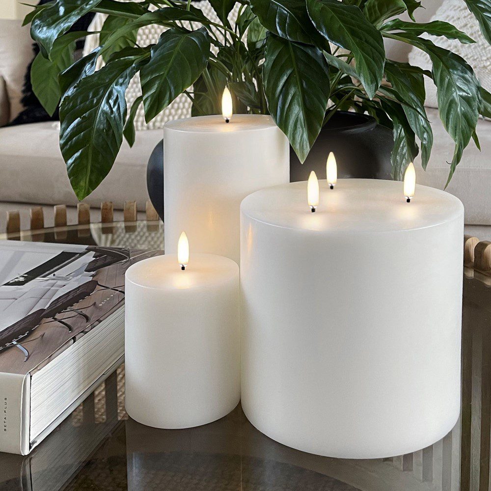 UYUNI LIGHTING Triple Wick Flameless Pillar Candle - 15cm Nordic White LED Candles for Home Decor, Wedding Centerpieces & Romantic Ambiance