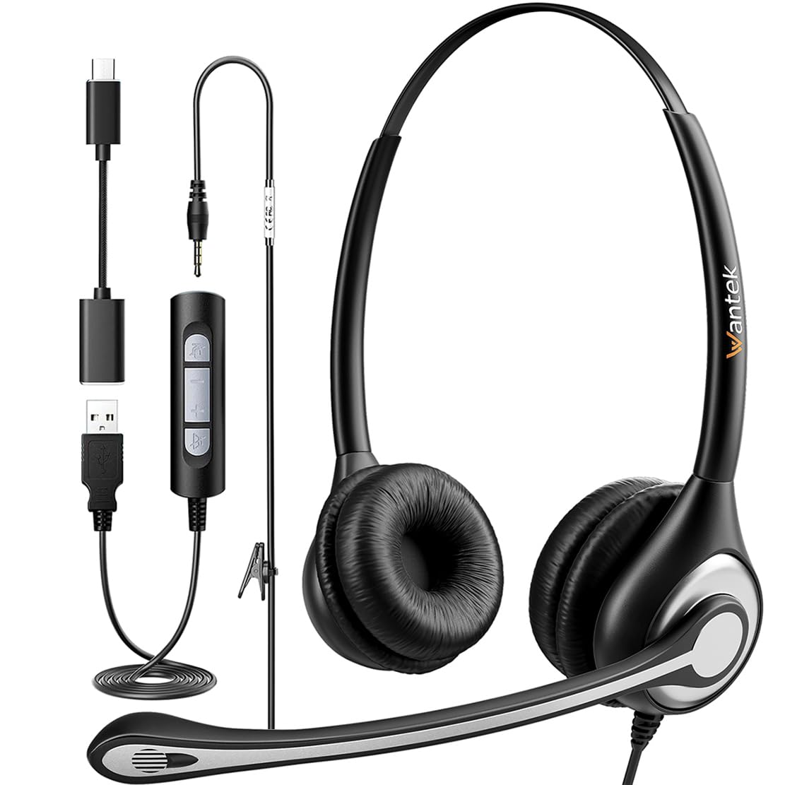 Wantek USB & 3.5mm Jack Professional Headset with Noise Cancelling Microphone - Type C Adapter Included for PC, MacBook, Smartphone - Perfect for Call Center, Online Chat, Business & Online Courses