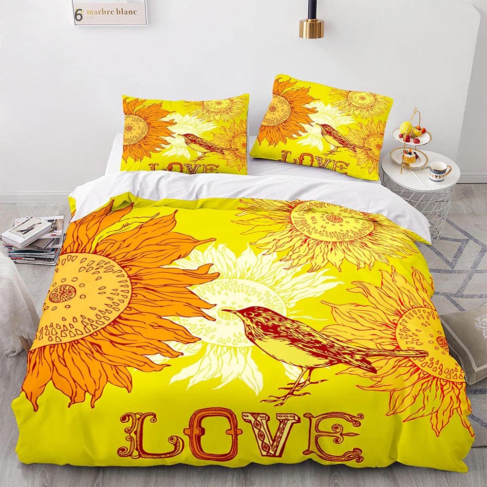 GROPC Sunflower & Little Bird Floral Print Duvet Cover Set - Nordic Farmhouse Style Yellow Quilt Cover | Soft Skin-Friendly King Size Bedding | Perfect for Guest Rooms, Master Bedrooms & Cozy Farmhouse Decor
