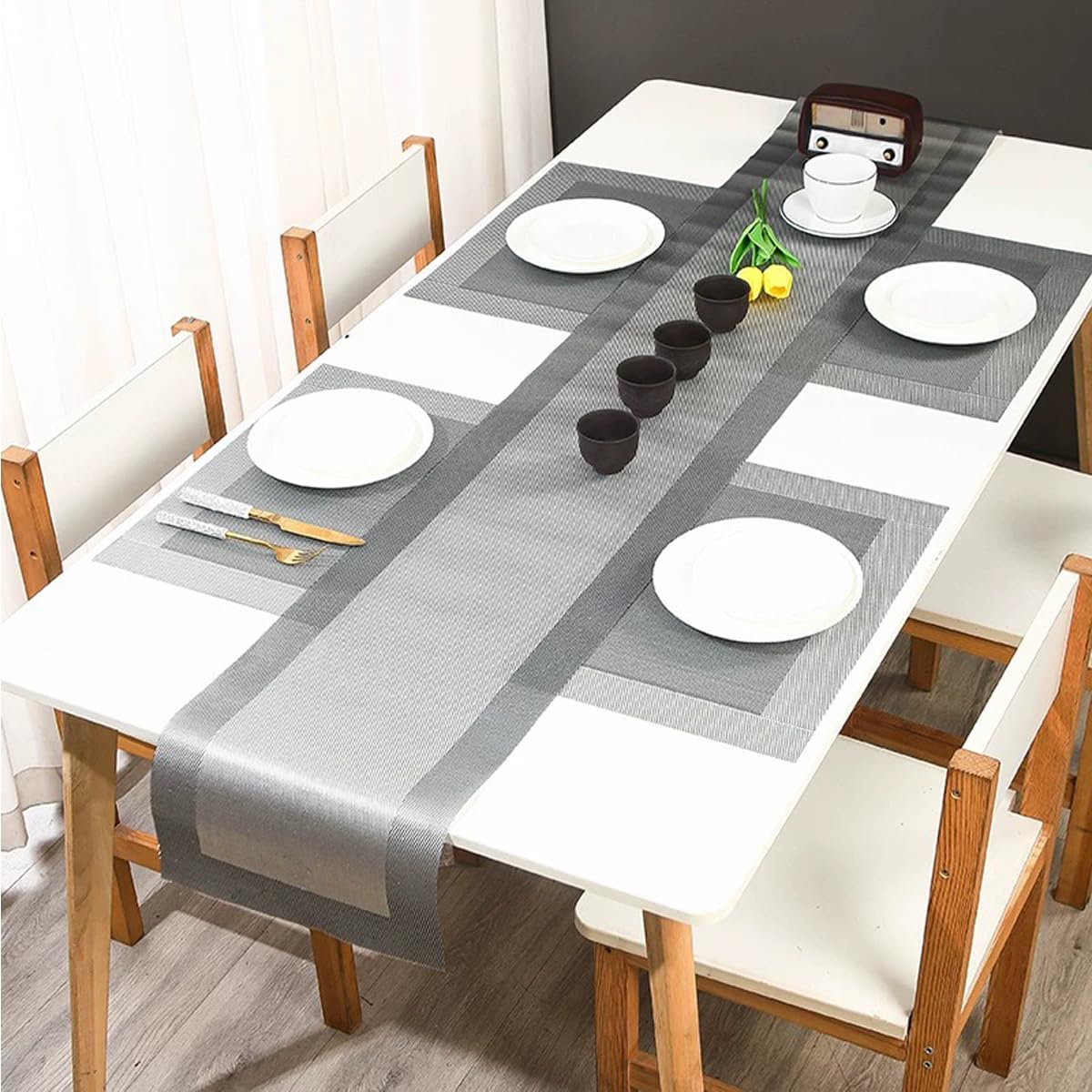 Modern Elegant Washable Vinyl Placemats Set of 6 with Table Runner - Non-Slip Durable Table Mats for Dining Room, Kitchen, Party Decor (6 Placemats + 1 Runner, Silver)