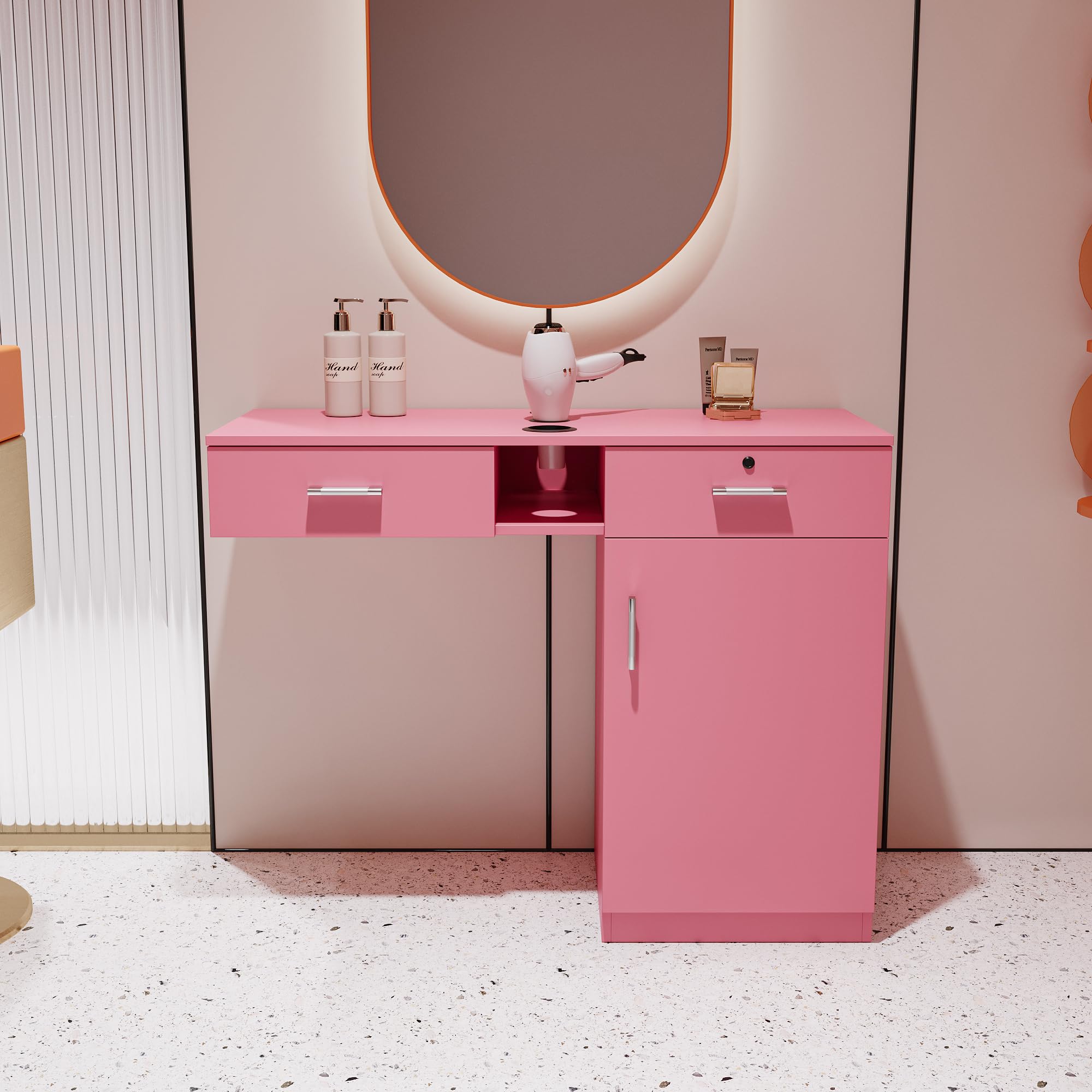 Pink Salon Storage Cabinet - Wall Mount Hair Stylist Station with Lockable Drawers & Appliance Holders for Barber Shop Organization