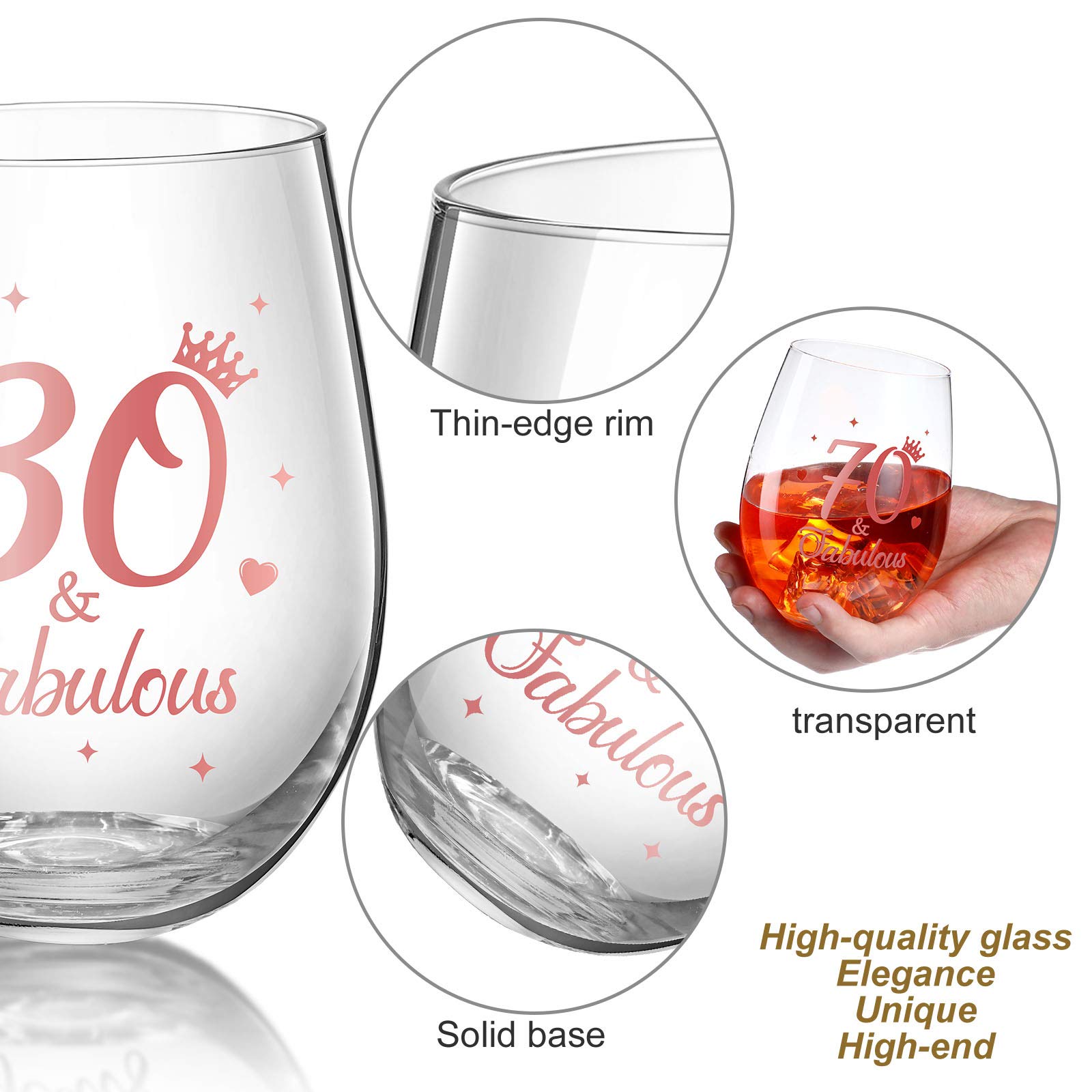 Rose Gold Stemless Wine Glass Set - 17 oz Elegant Tumblers for Men & Women, Perfect for Birthday Party, Wedding Anniversary, Bridal Shower & Home Decor - Ideal Gift for Her & Him (30 and Fabulous Design)