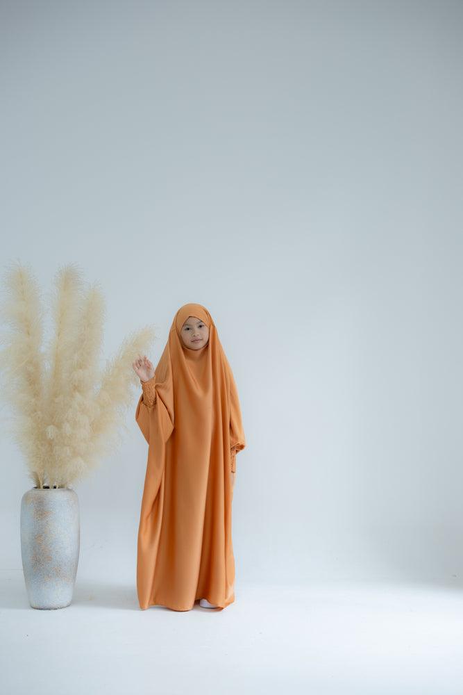Little Gretaah Khimar Style Prayer Gown for Kids - Orange Islamic Dress with Ribbed Sleeve Cuffs - Perfect for Eid, Mosque & Religious Ceremonies