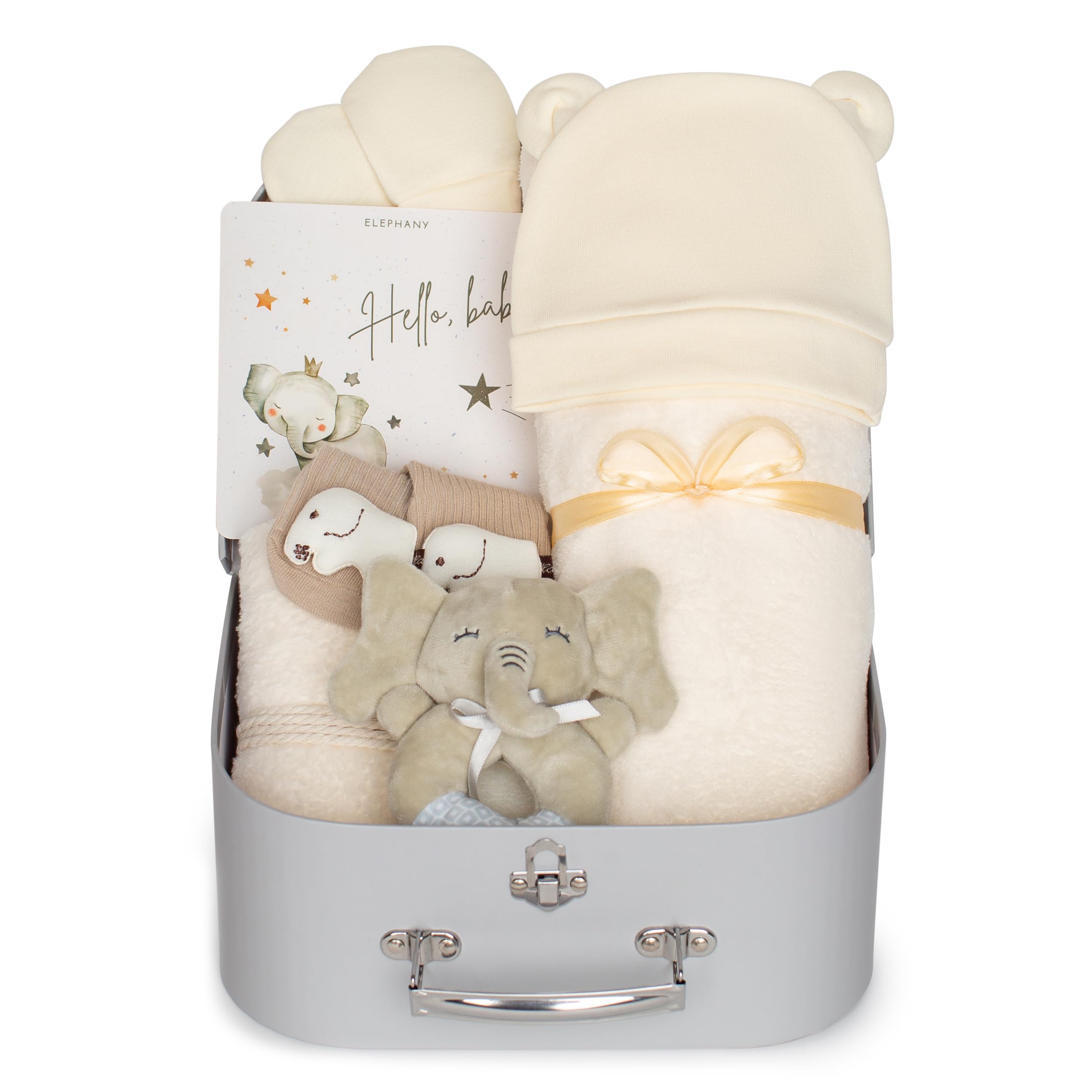 Gender-Neutral Baby Shower Gift Basket for Newborns - Essential Newborn Gift Set with Soft Blanket, Hooded Towel, Rattle Toy & Socks - Perfect Baby Shower Present for Boys & Girls - Ideal for Hospital Visits, Welcome Home Celebrations and First Birthday Gifts