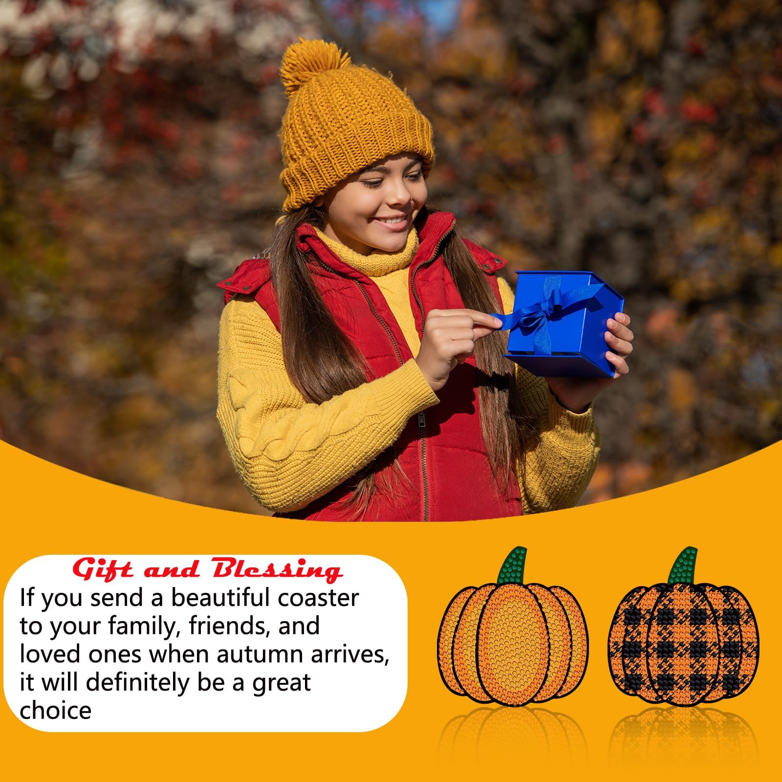 8-Piece Fall Plaid Pumpkin Diamond Coasters Set with Holder - DIY Cute Autumn Diamond Art Coasters - 5D Round Cup Coasters for Thanksgiving, Halloween, Home Decor & Holiday Gifts - Perfect for Coffee Tables, Dining Rooms & Seasonal Parties