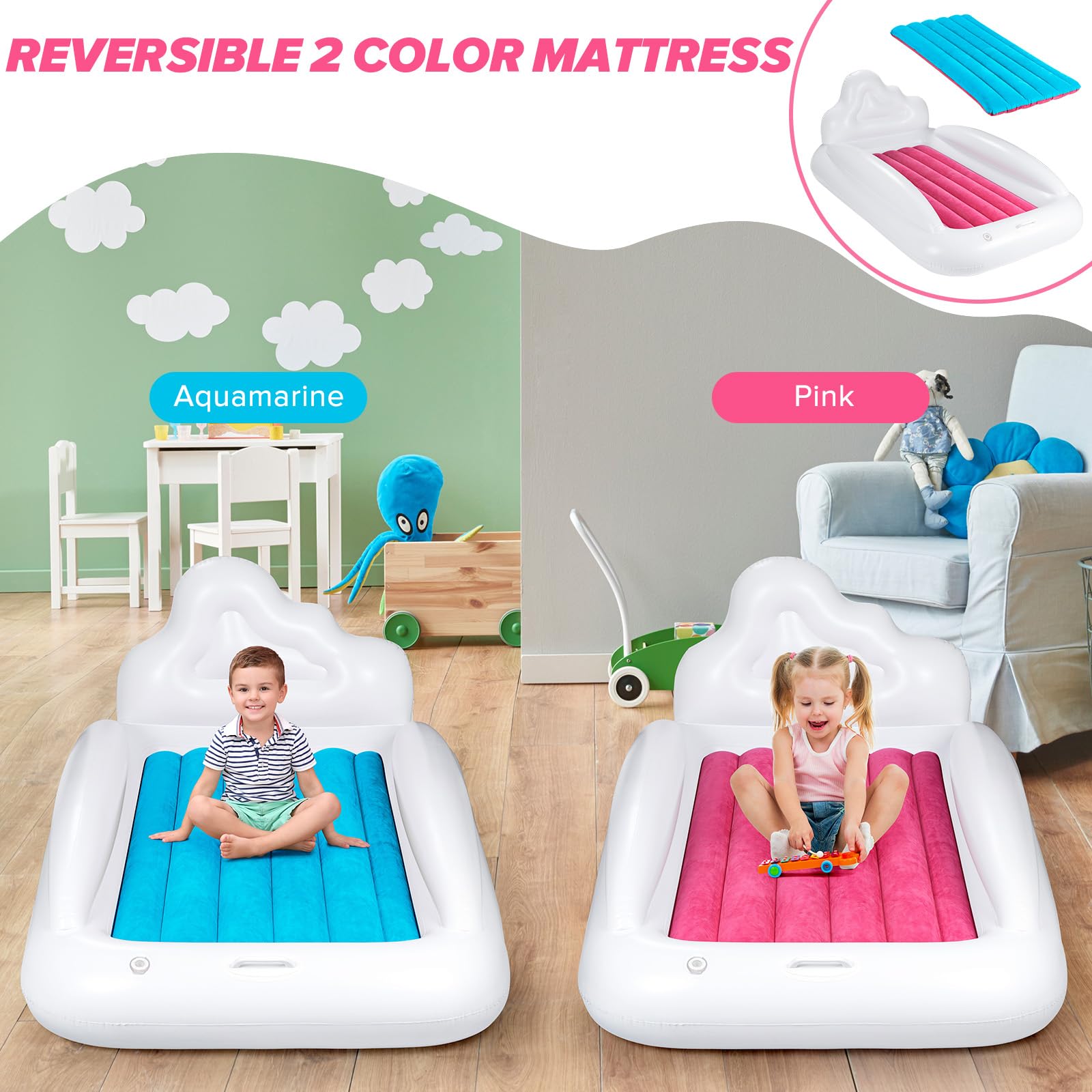 Inflatable Toddler Travel Bed - Portable Kids Air Mattress with Double-Sided Design & Safety Rails | Lightweight Blow Up Mattress for Toddlers | Perfect for Travel, Camping, Sleepovers & Indoor Play Areas