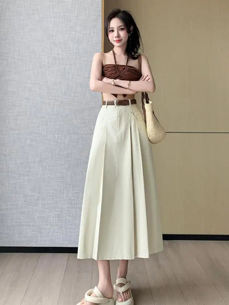 2024 Women's Black & Beige Denim Long Skirt - High Waist Pleated A-Line Umbrella Jean Skirt for Spring Summer | Office Wear, Casual Outfits & Date Night Fashion