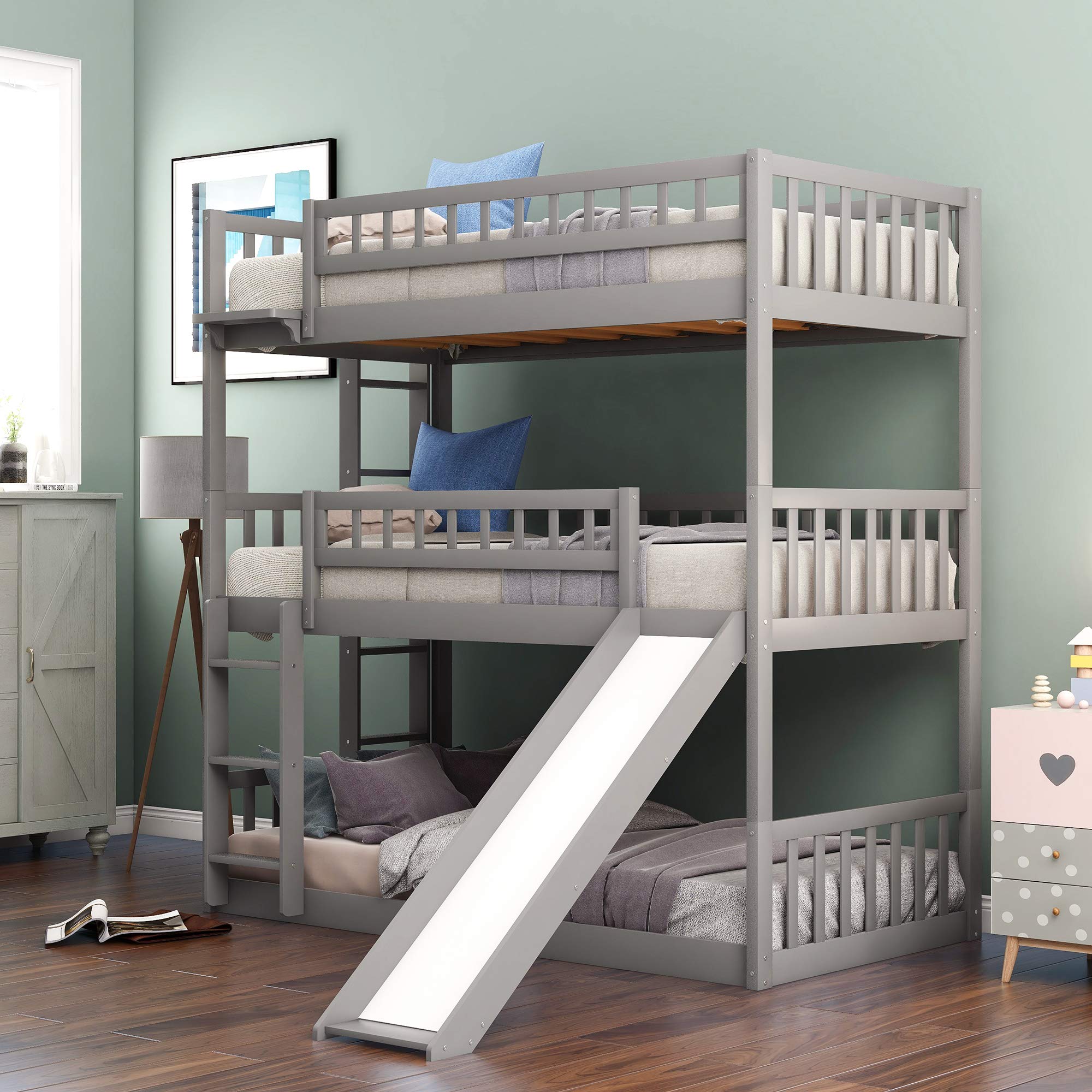 Merax Twin Over Twin Over Triple Bunk Bed with Slide - Wooden Twin Size Bunk Bed Frame with Safety Guard Rail & Ladder for Kids, Teens, Boys, Girls & Adults - Grey - Perfect for Kids' Bedrooms, Dorm Rooms & Space-Saving Sleep Solutions