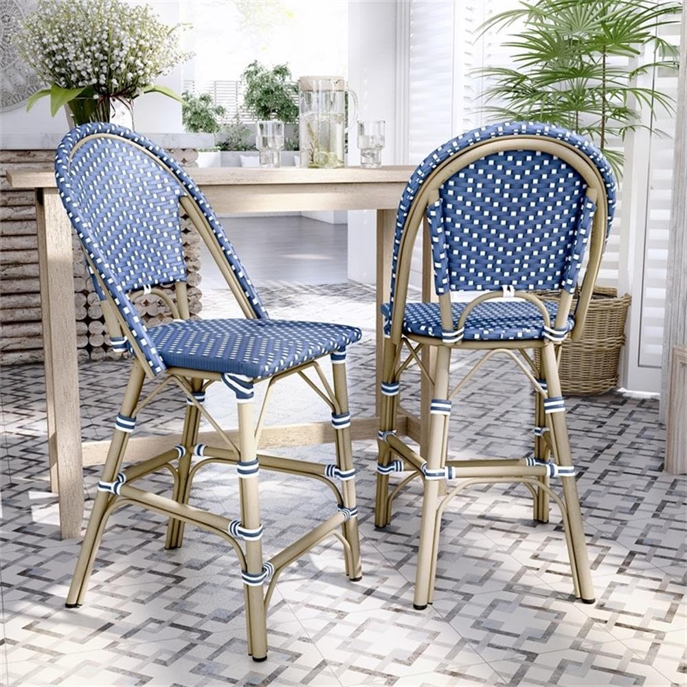 Furniture of America REO Aluminum Patio Counter Dining Chairs in Blue (Set of 2) - Outdoor Bar Stools for Backyard, Poolside & Garden Dining