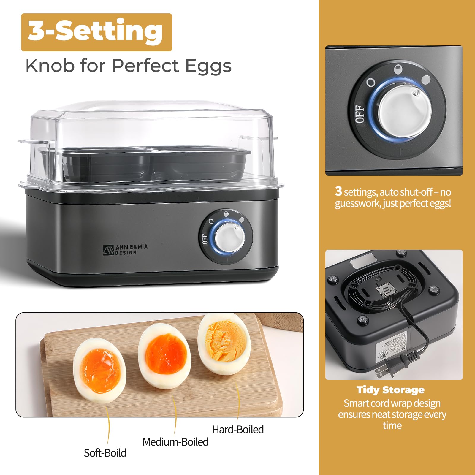 Annie & Mia 8 Egg Electric Egg Cooker - 500W Stainless Steel Egg Boiler with Auto Shut-Off | Perfect for Hard, Medium & Soft Boiled Eggs | Ideal for Breakfast Meal Prep, Camping & Kitchen Use