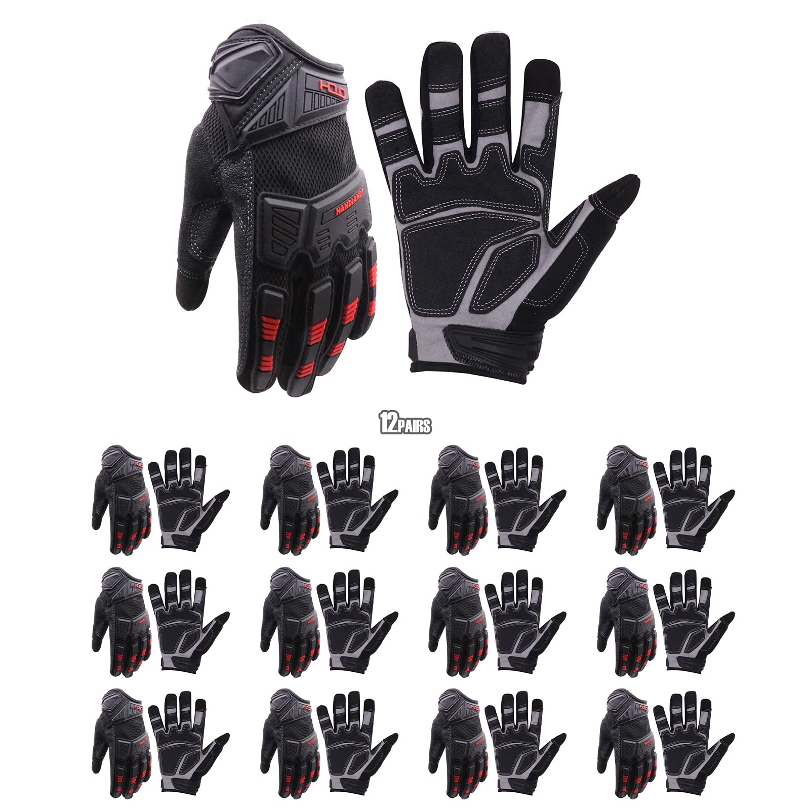 Heavy Duty Work Gloves for Men - Pack of 12 Pairs TPR Impact Resistant, Non-Slip & Breathable Mechanics Gloves - Ideal for Construction, Automotive Repair, and DIY Projects