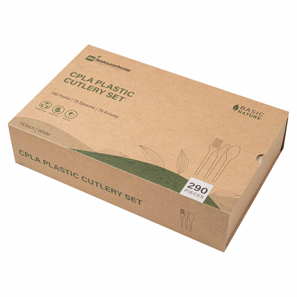 Eco-Friendly White CPLA Plastic Cutlery Set - 290-Piece Heat Resistant, Compostable Cutlery (7.5