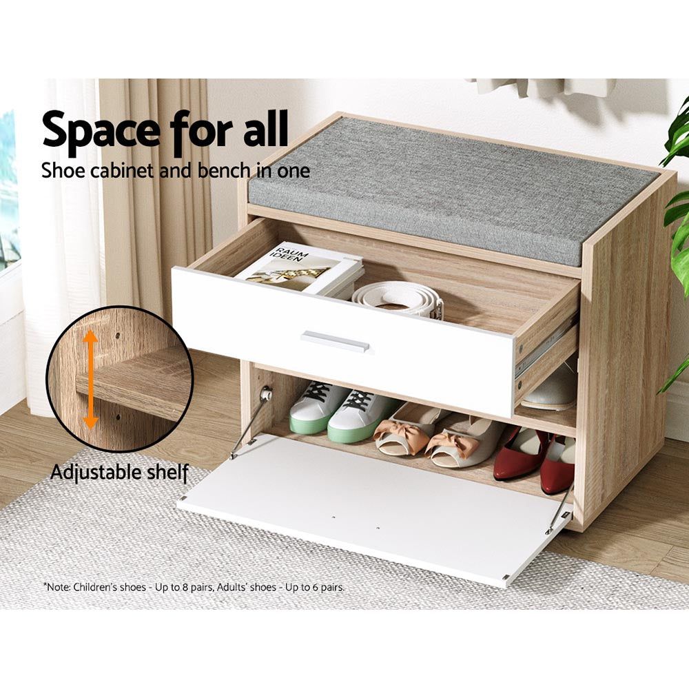 Artiss Shoe Cabinet Bench - Wooden Shoe Storage Organizer with Fabric Seat, Holds Up to 8 Pairs of Shoes - Perfect for Entryway, Mudroom, and Bedroom Organization