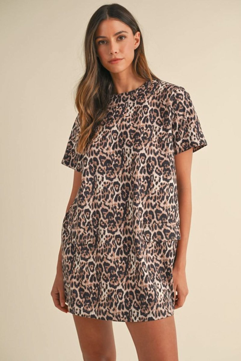 Chic Brown Leopard Print Shift Mini T-Shirt Dress with Crew Neck | Casual Summer Dress for Women | Perfect for Beach, Party & Everyday Wear
