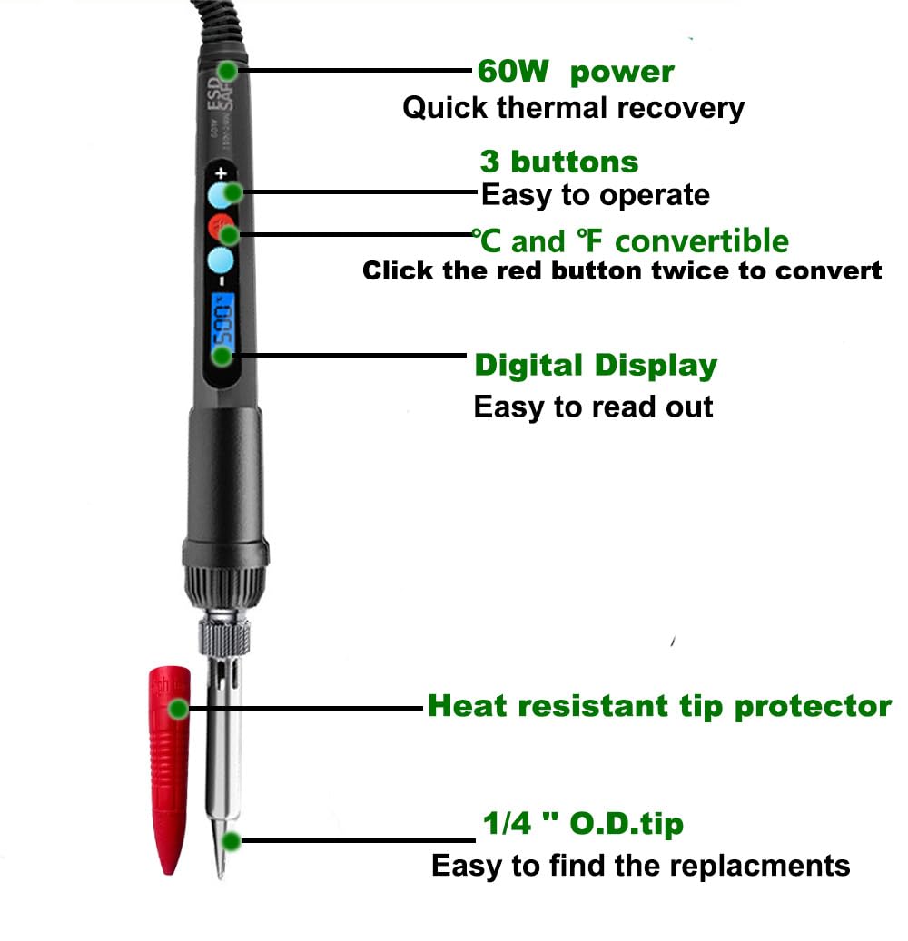 60W Digital Soldering Iron Kit with Adjustable Temperature & 5 Extra Tips - Perfect for Electronics Repair, DIY Projects, and PCB Soldering