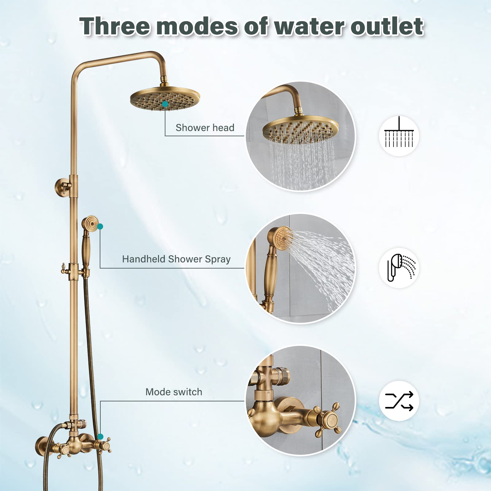 Antique Brass Shower Faucet System Set - 8 Inch Rainfall Shower Head & Handheld Spray with 2 Knobs Mixing Valve - Perfect for Bathroom Renovation & Luxury Spa Experience