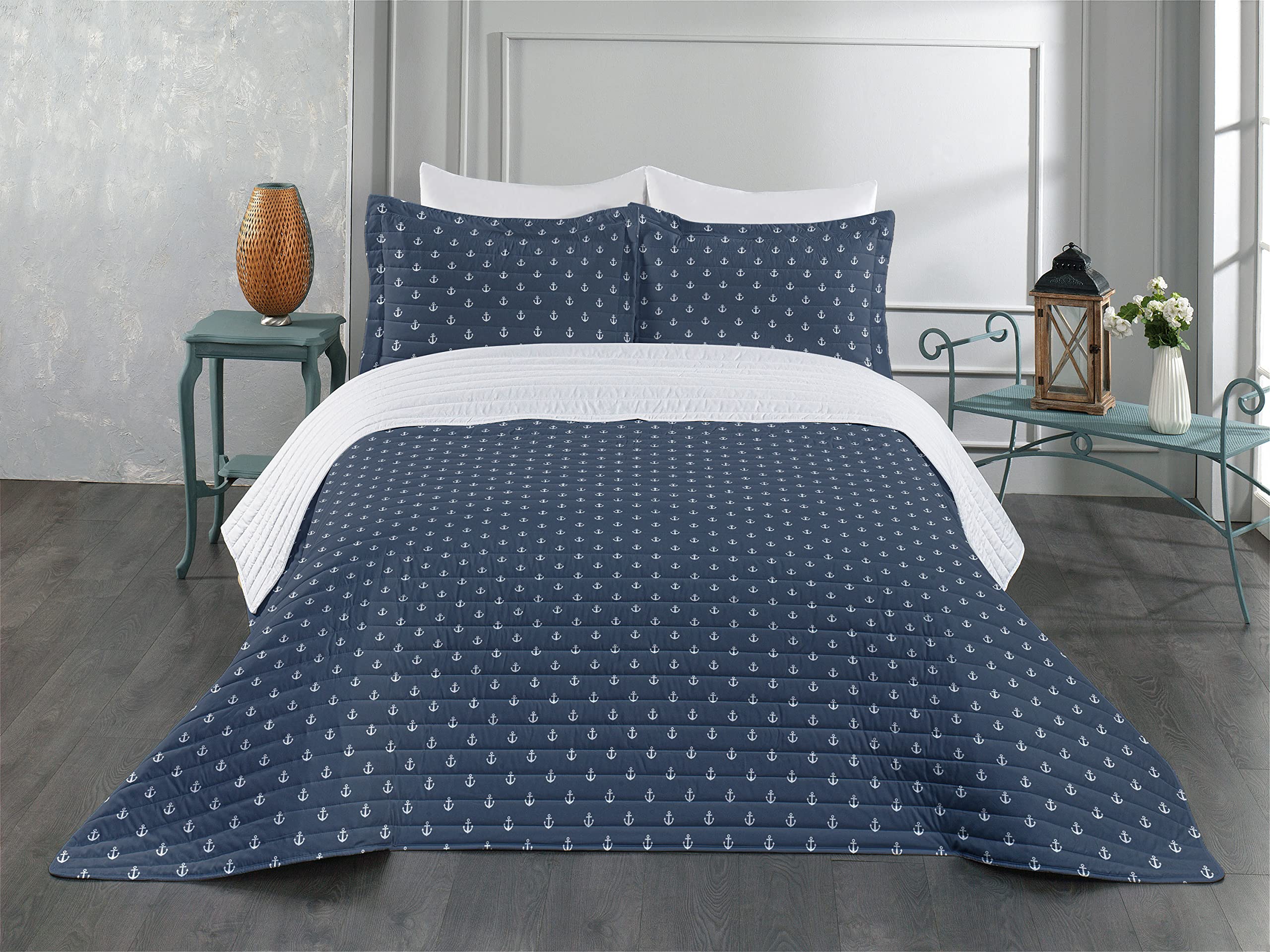 Ambesonne Nautical Anchor Bedspread Set - Queen Size Blue Grey White Microfiber Comforter with Pillow Shams | Sailor Theme Cruise Travel Inspired Soft Bedding | Perfect for Beach House Decor, Guest Room & Coastal Themed Bedrooms