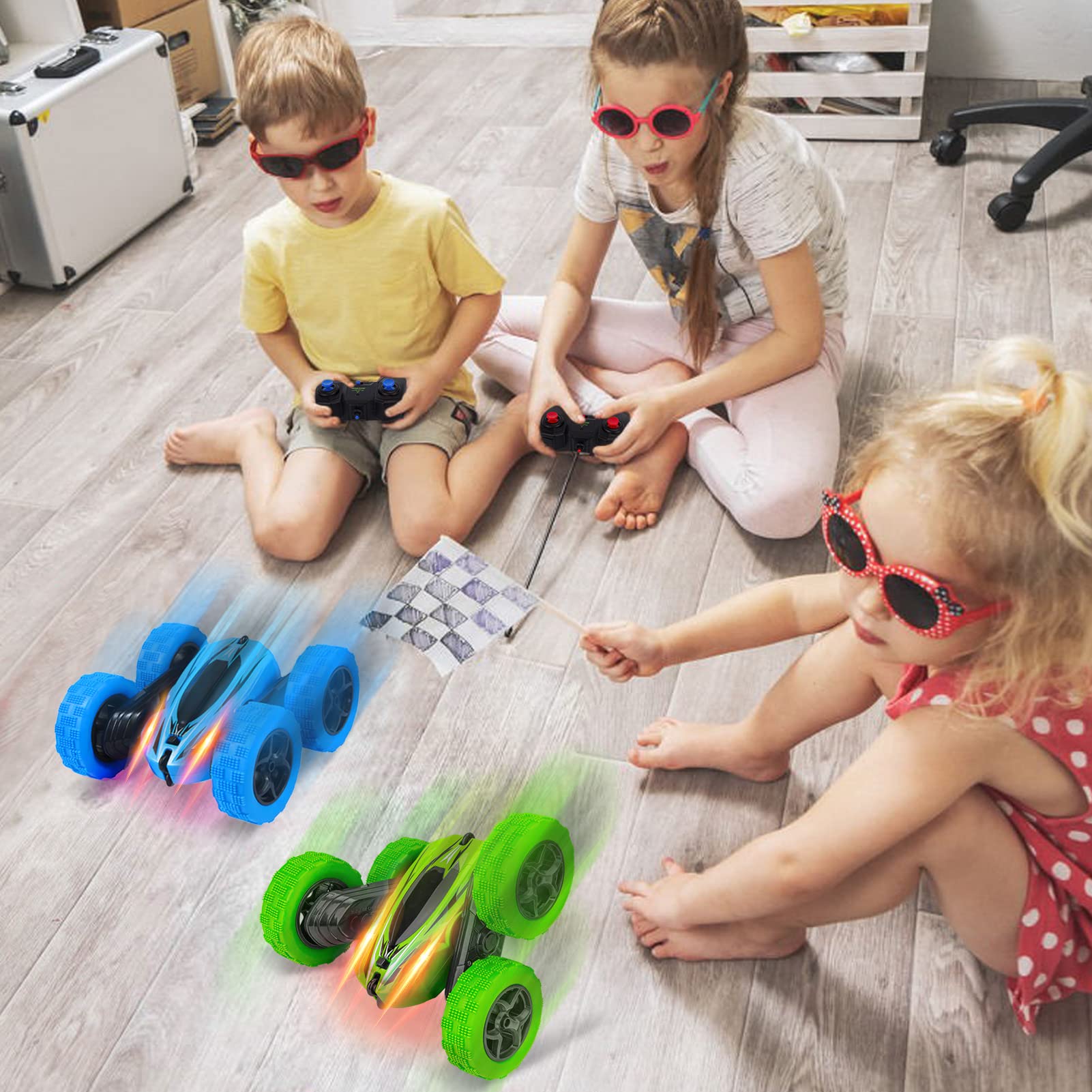 GARVEE 2-Pack RC Stunt Cars with Gesture Control - 4WD 360° Rotating & Tumbling Rechargeable Remote Control Toy Cars - 2.4GHz High Speed Off-Road Vehicles for Adults & Kids - Perfect for Christmas & Birthday Gifts (Blue/Green) - Great for Indoor Play, Backyard Racing & Stunt Shows