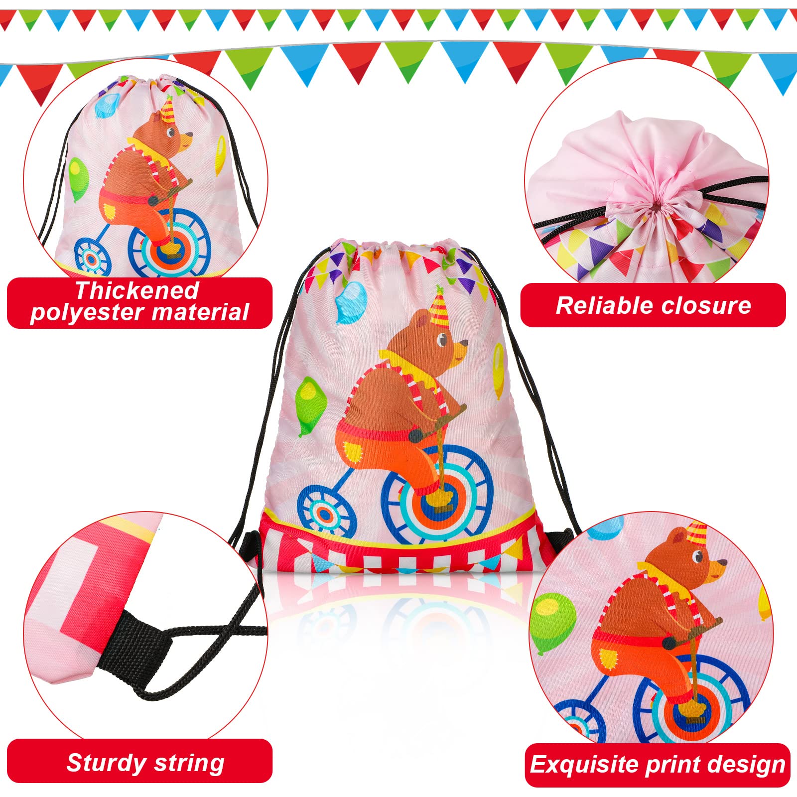 Jetec 16 Pack Circus Themed Gift Bags & Drawstring Backpacks - Colorful Party Favors for Birthday, Carnival & Themed Events - Perfect for Kids' Parties, School Events & Festival Giveaways