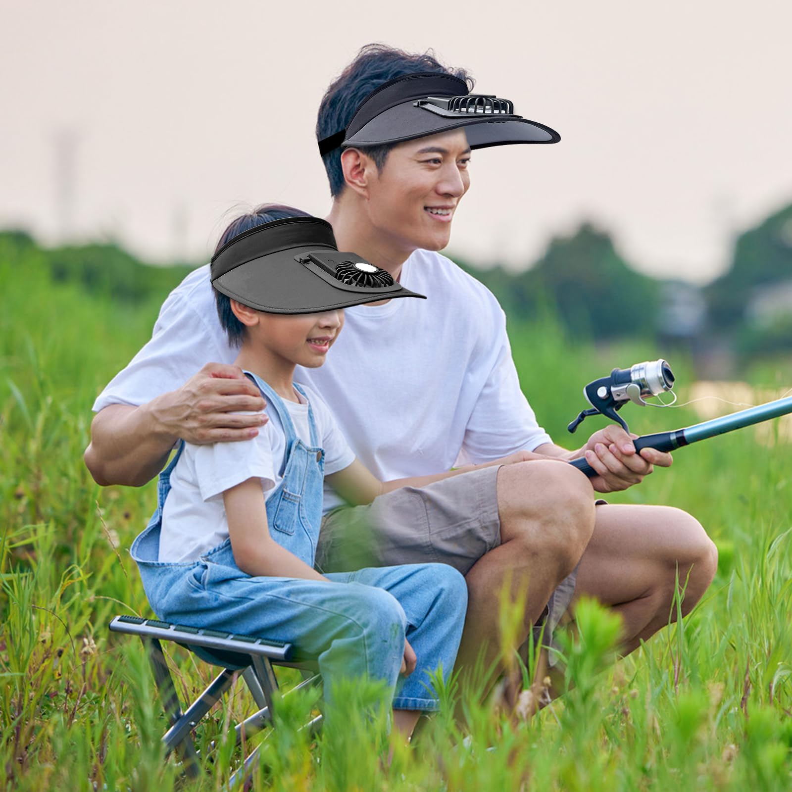 Sun Visor Hat with Cooling Fan - Summer Outdoor Sports & Camping Gear for Sun Protection - Adjustable Brim Cooling Fan Hat for Hiking, Golf, Beach (Black)