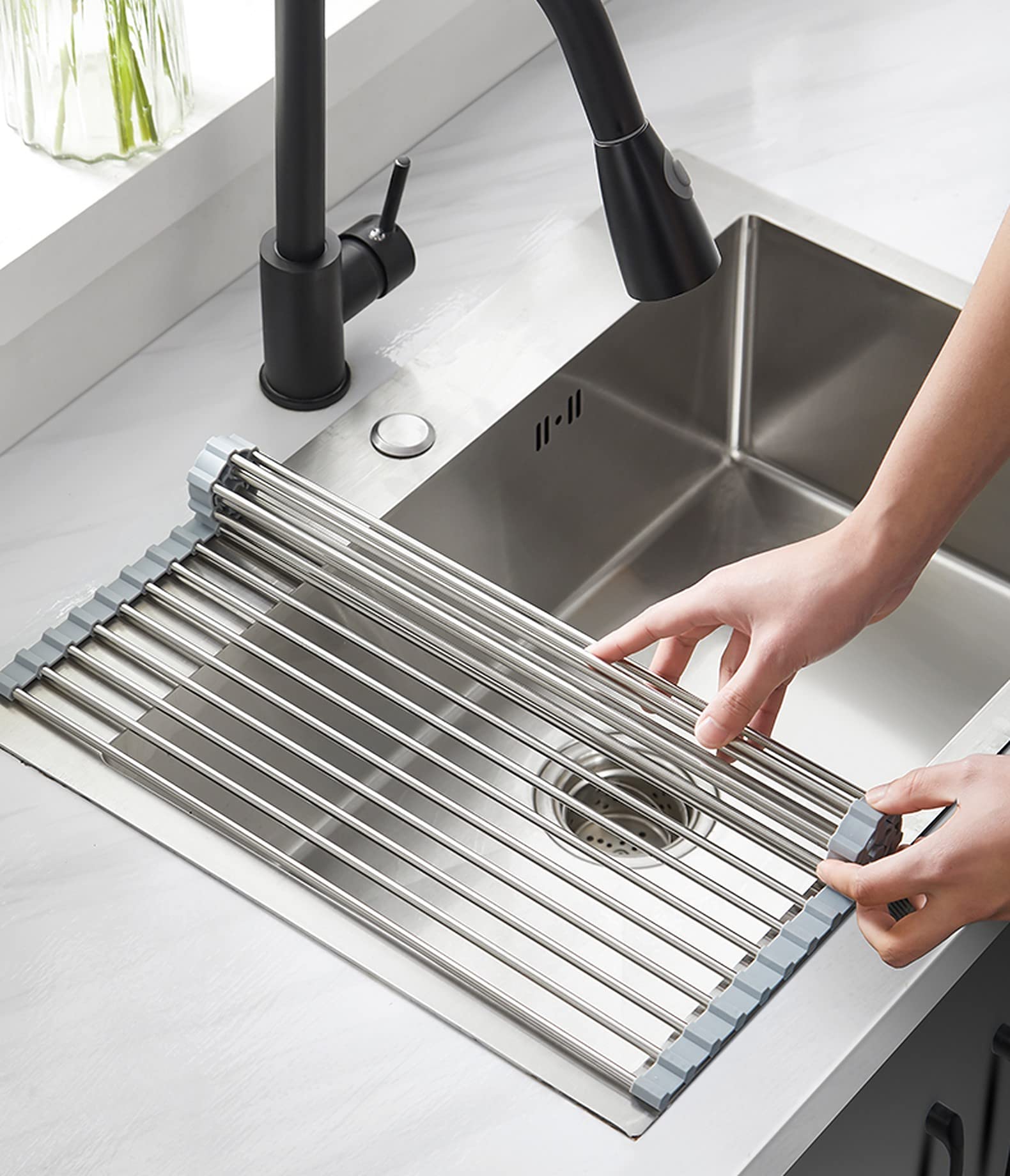 Wolpin Large Roll-up Sink Dish Drying Rack - Stainless Steel Foldable Organizer for Kitchen Utensils, Fruits & Vegetables (47 x 36 cm) | Space-Saving Drainer for Small Kitchens & Countertops | Perfect for Dishwashing, Food Prep & Drying Produce