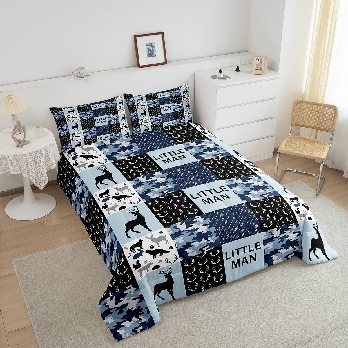 Manfei Camo Deer Antlers Comforter Set Twin - Geometric Checkered Patchwork Bedding 2pc Set for Kids, Teens & Adults - Boho Arrow Animal Print Quilt with Blue Christmas Duvet Insert + Pillowcase | Perfect for Bedroom Decor, Holiday Gift & Cozy Winter Nights