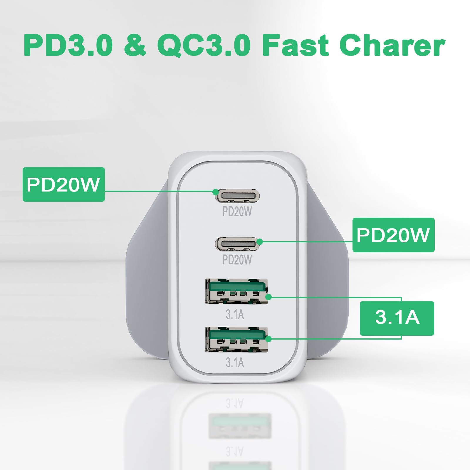 40W 4-Port USB C Fast Charger with PD & QC - Multi Port Wall Charger for iPhone 15 Pro Max/Plus, 14 Pro Max, 13, 12, 11, XS, iPad, AirPods, Samsung S23 Ultra/S22, Google Pixel - Perfect for Home, Office & Travel Charging