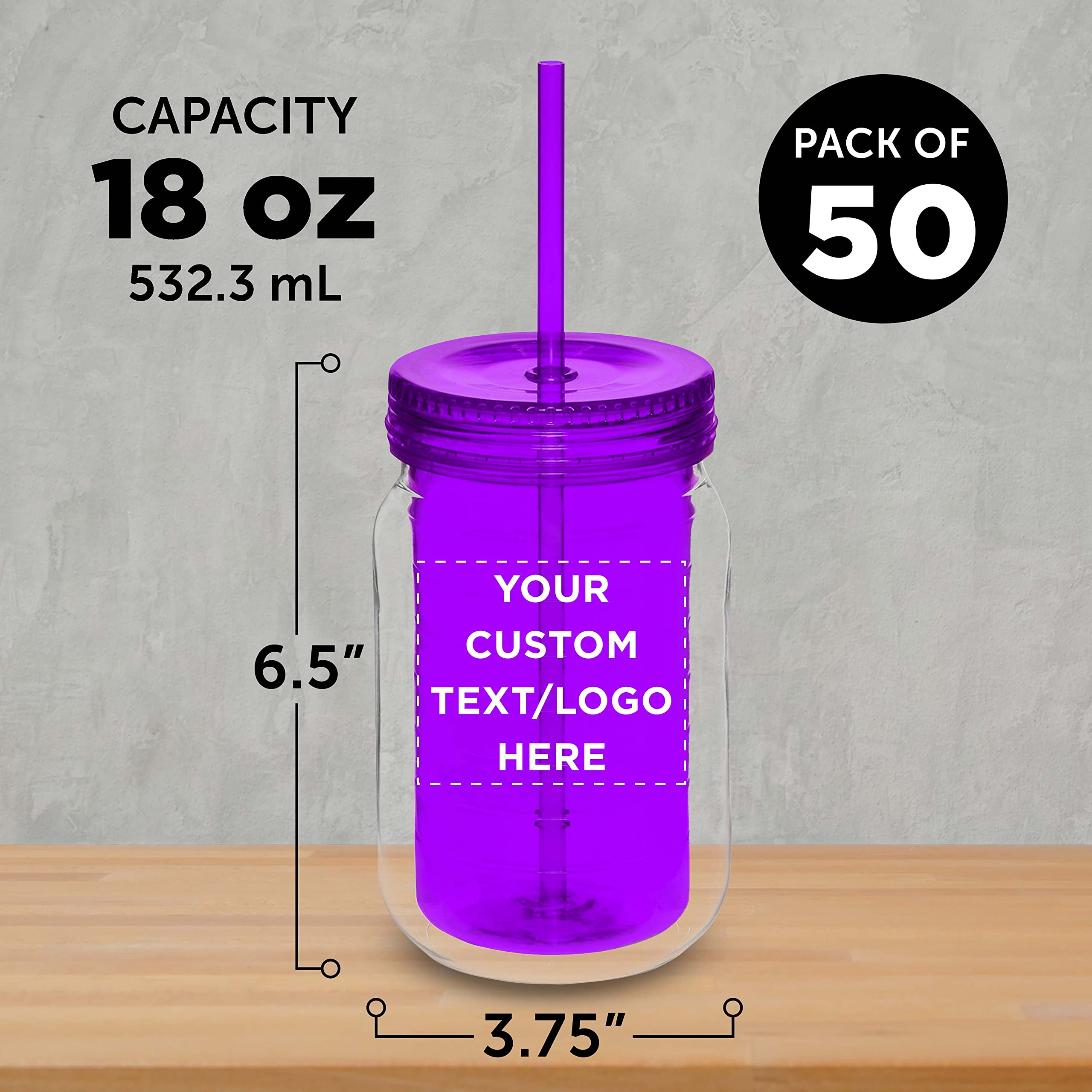 50 Pack 18oz Custom Purple Acrylic Tumblers with Straws - Personalized Bulk Drinkware for Smoothies, Iced Coffee & Soda - Great for Parties, Restaurants & Promotional Events