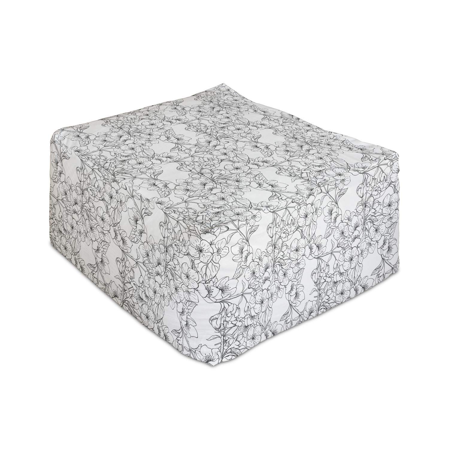 Ambesonne Jasmine Rectangle Pouf Ottoman - Monochrome Floral Blossoming Branches Pattern Foot Stool with Removable Cover, 25