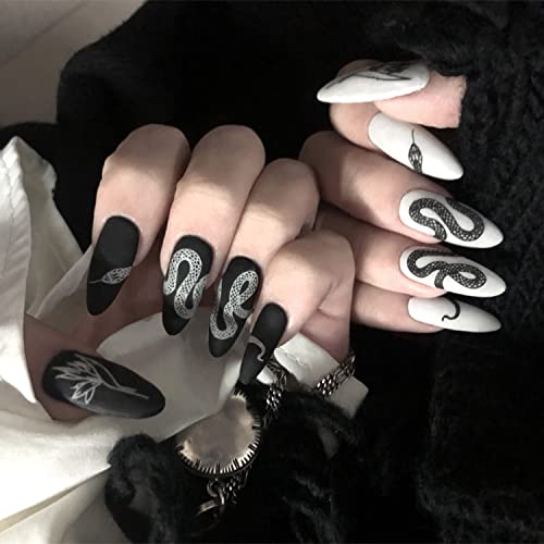 DOCVOEOMH Short Medium Almond Press on Nails - 24PCS Dark Cool Serpentine Design Acrylic Fake Nails with Glue, Reusable Full Cover Gel Nail Kits for Women | Perfect for Parties, Weddings, and Everyday Wear