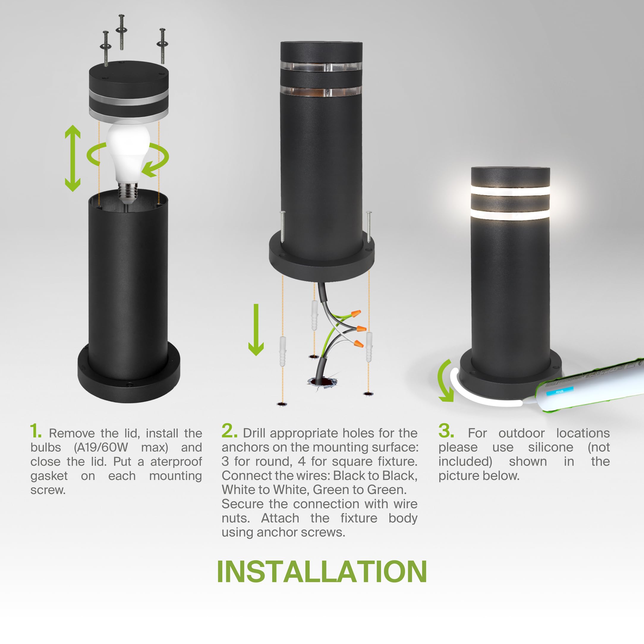 12 Inch Round Bollard Light Fixture - 60W E26 Socket 120V, Dimmable & Waterproof Outdoor Lighting - Compatible with LED/CFL/Incandescent Bulbs - ETL Listed Black Landscape Post Light for Garden, Pathway, and Driveway Illumination