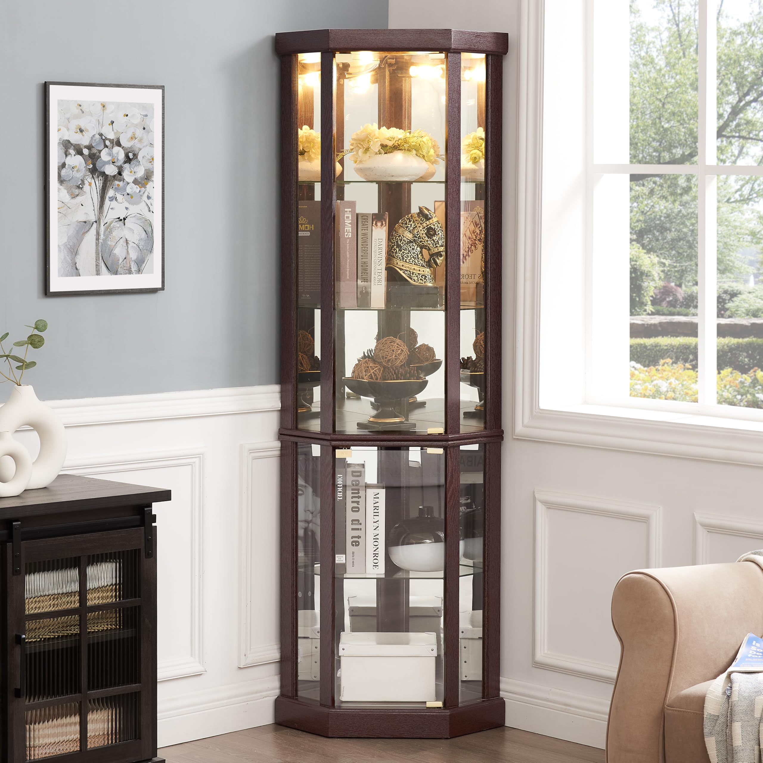 3-Side Corner Glass Display Cabinet - Lighted Curio Cabinet with Glass Doors & Adjustable Shelves - Curved Wood Corner China Cabinet with Included Light Bulb (Cherry) - Perfect for Showcasing Collectibles, China & Home Decor in Living Rooms, Dining Rooms & Entryways