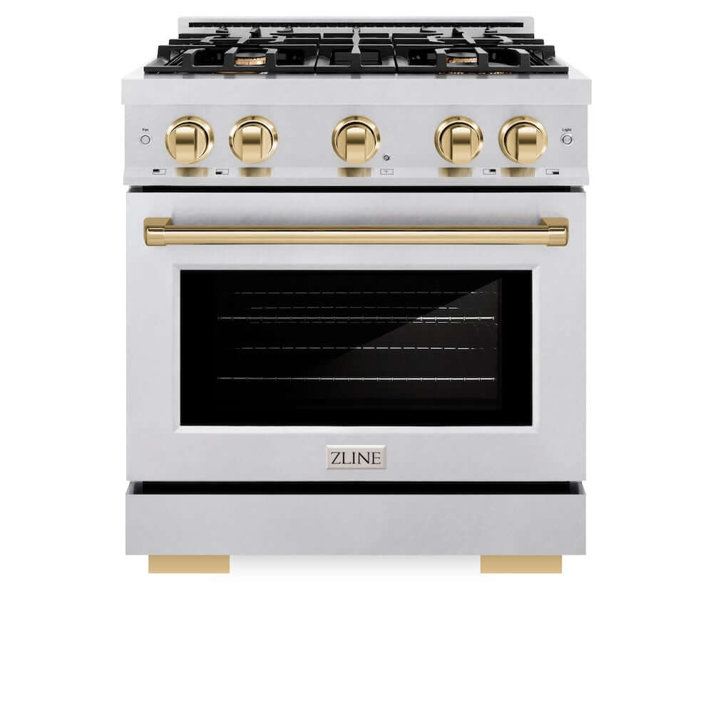 ZLINE Autograph Edition 30-inch 4.2 cu. ft. Dual Fuel Range - 4 Burner Gas Cooktop & Electric Convection Oven - Satin Stainless Steel with Polished Gold Accents (HDRSZ 30 G) - Perfect for Gourmet Kitchens & Modern Home Cooking