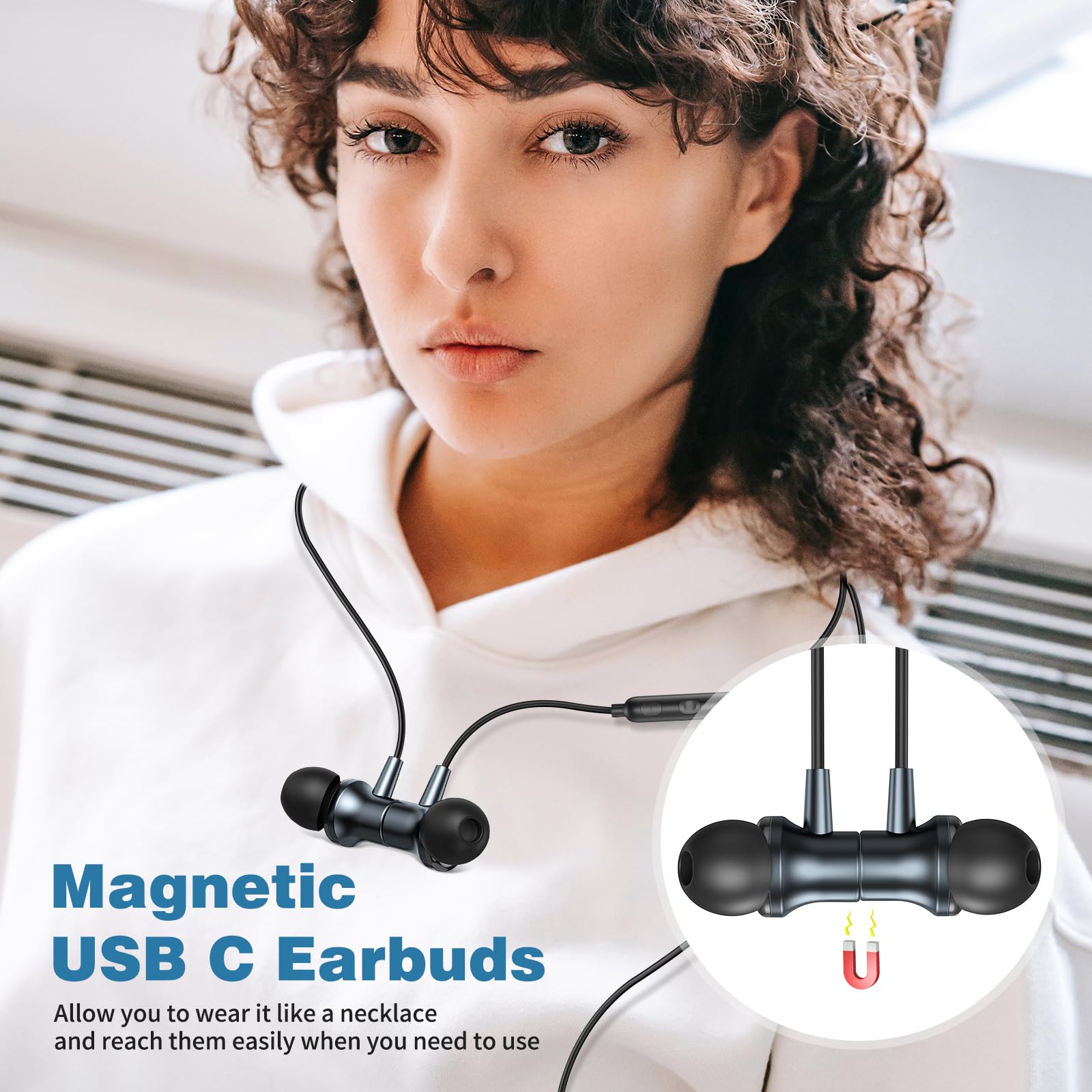 COOYA USB C Wired Earbuds with Mic - Noise Cancelling Magnetic In-Ear Earphones for iPhone 16 Pro/16e/15, iPad 10/Air, Pixel 9/8, Samsung S25 Ultra/A16/S23/S22/A35/A56, OnePlus 13 - Perfect for Commuting, Gaming & Work Calls