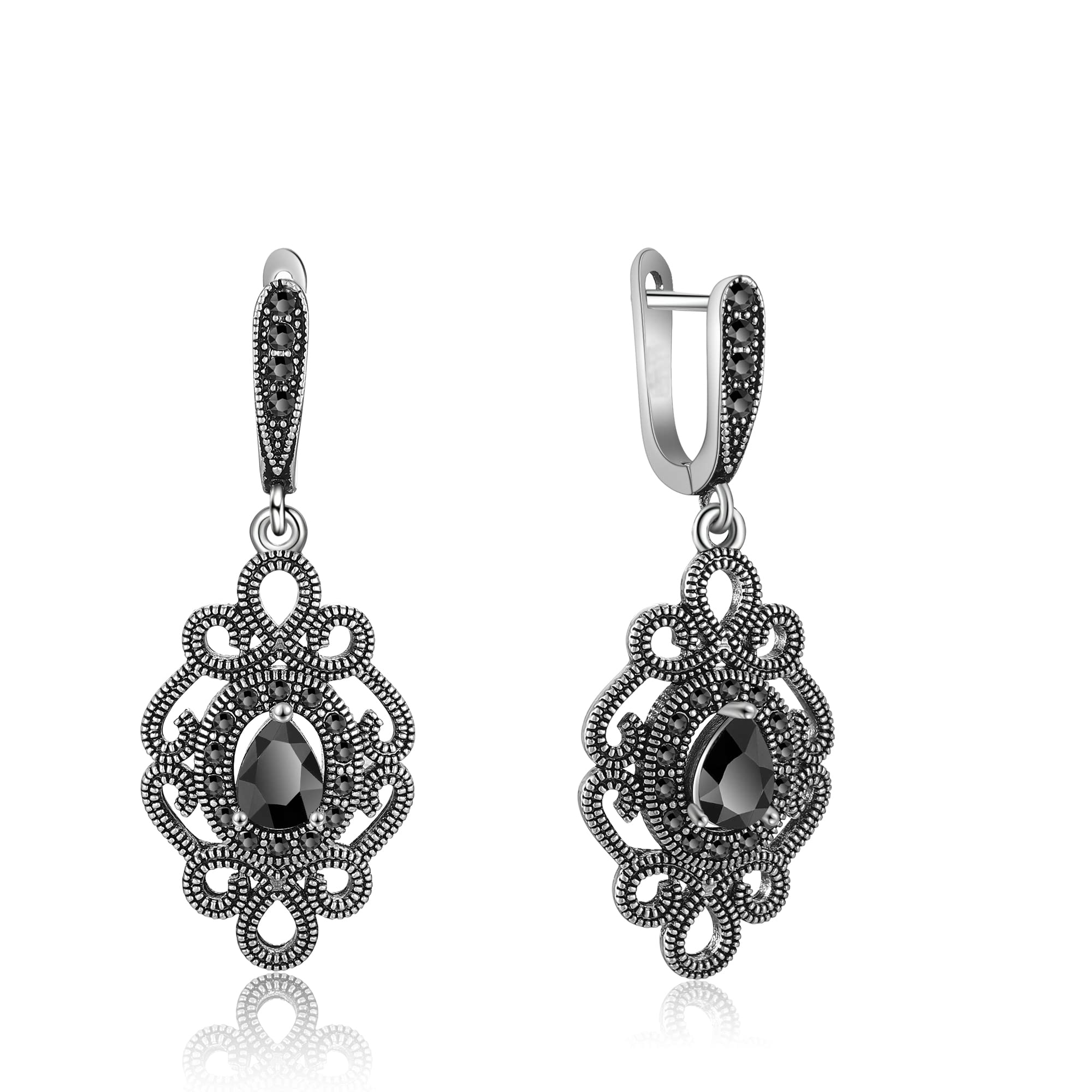 Vintage Black Marcasite Dangle Earrings with Onyx Stone - Hypoallergenic Drop Earrings for Women | Perfect for Evening Parties, Weddings & Special Occasions